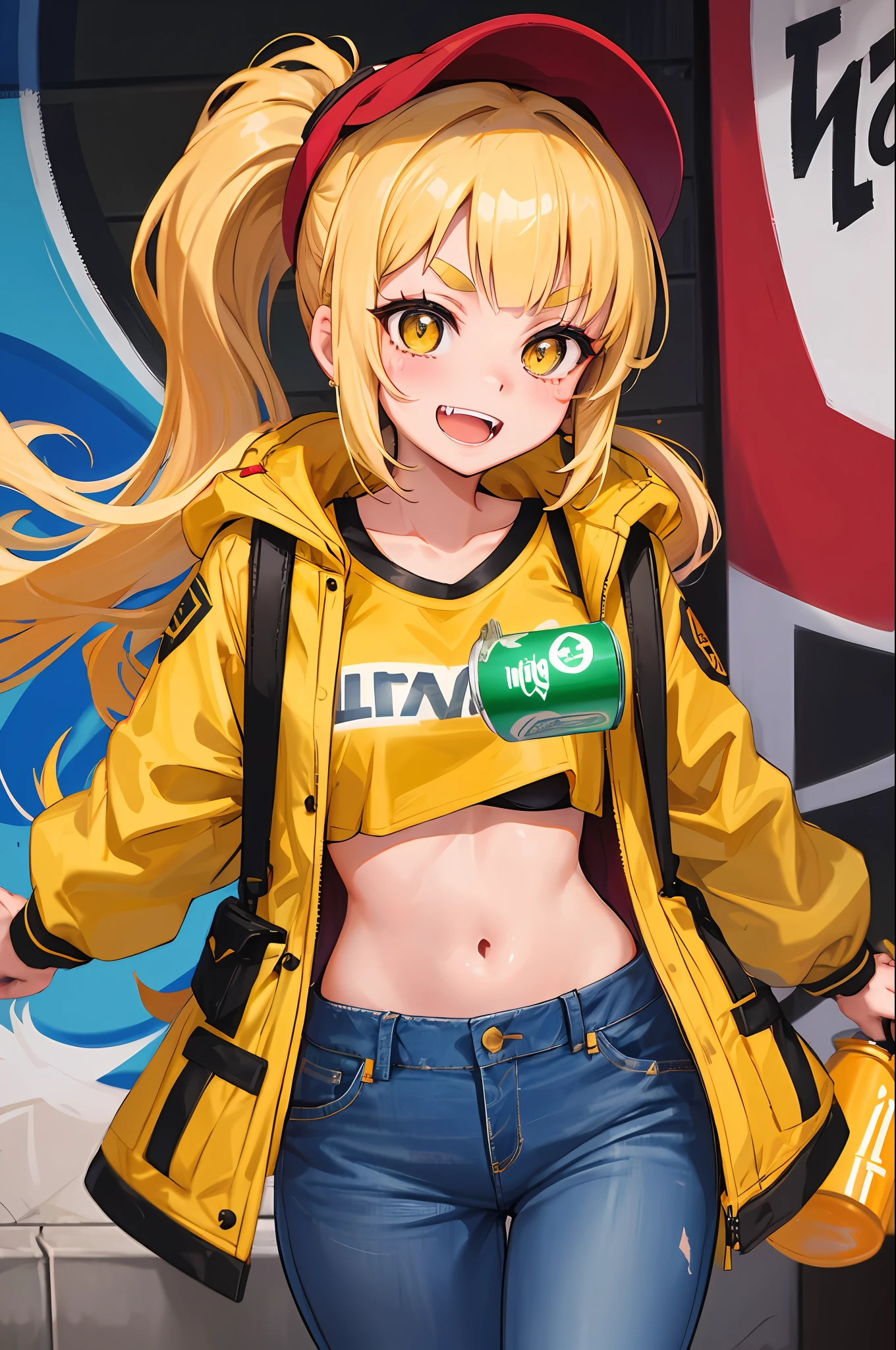 Original Character, Volumetric Lighting, Best Shadows, Shallow Depth of Field, Portrait Of Stunningly Beautiful Girl, Petite, Delicate Beautiful Attractive Face With Alluring Yellow Eyes, Messy Painted Face, Sharp Eyebrows, Broadly Smiling, Open Mouth, Fangs Out, Lovely Medium Breasts, Layered Long Twintail Blond Hair, Blush Eyeshadow, Thick Eyelashes, Applejack Hat, Oversized Pop Jacket, Mini Underboob Tee, Open Navel, Slim Waist, Denim Jeans Pants, With Buckle Belt, In The Graffiti Alley, Waste Container, Outside Stairs, Outdoor Unit, Holding Spray Paint Can, Standing, (Highest Quality, Amazing Details:1.25), (Solo:1.3), Brilliant Colorful Paintings