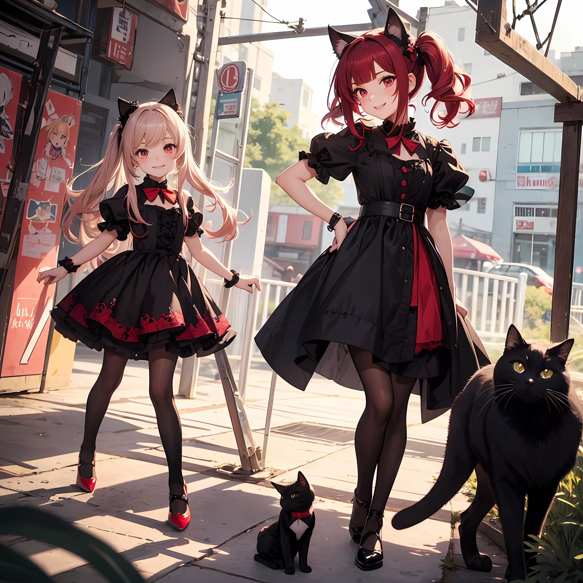 Anime filling,Two-dimensional illustration,Red-haired,Half Twin Tail,shorth hair,Big eyes,a smile,a beauty girl,cute little,Super Cute,Black cat ears,Red Eyes,Ruffled Clothes,Black lace clothes,Inner colorGreen,One girl,Full body painting,teens girl --auto
