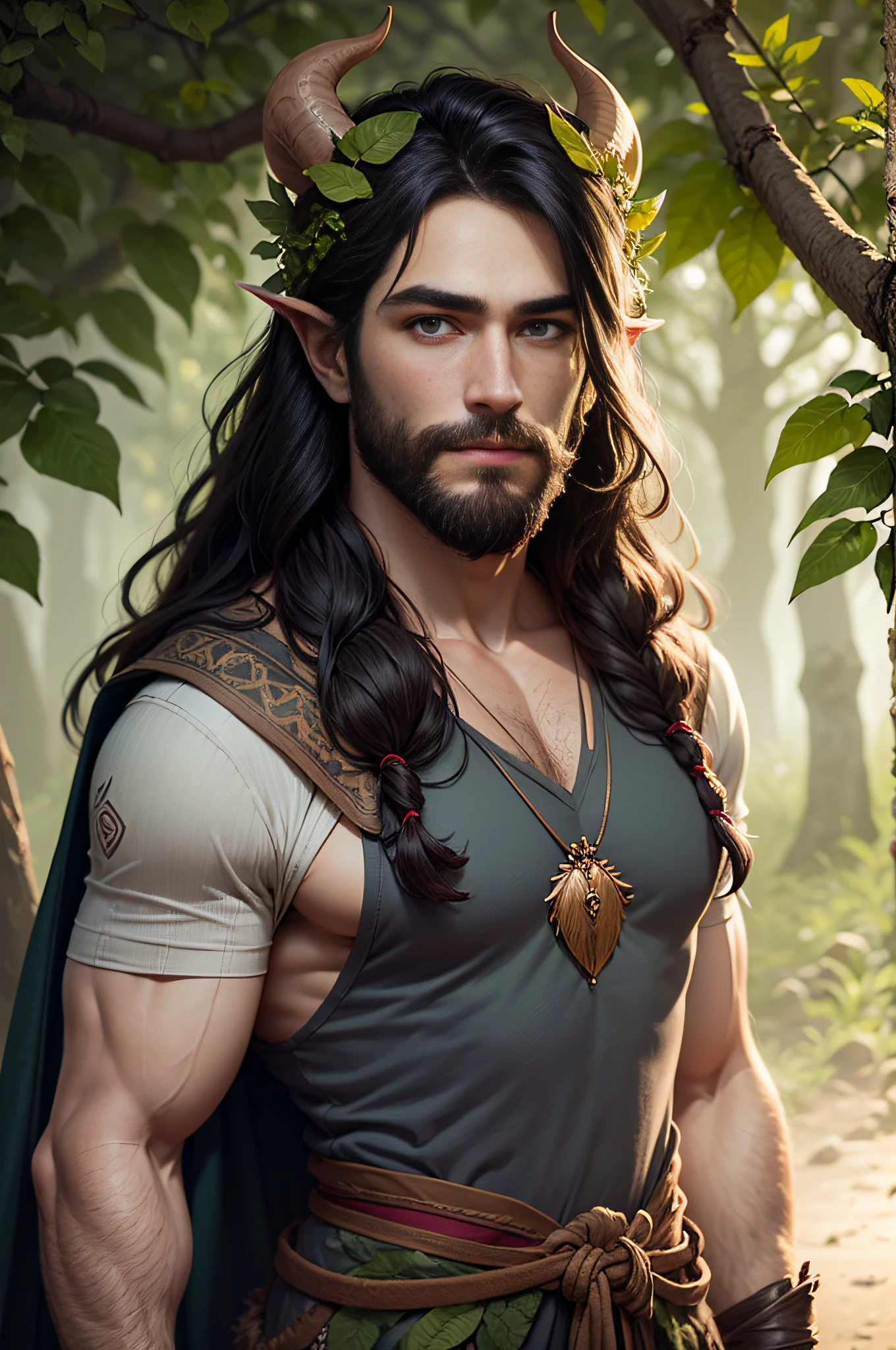 perfect face, detailed face, handsome, masculine, beard, perfect eyes, detailed eyes, leaf clothes, nature clothes, druid clothes, medieval clothes, satyr, faun, druid, long hair, dark hair