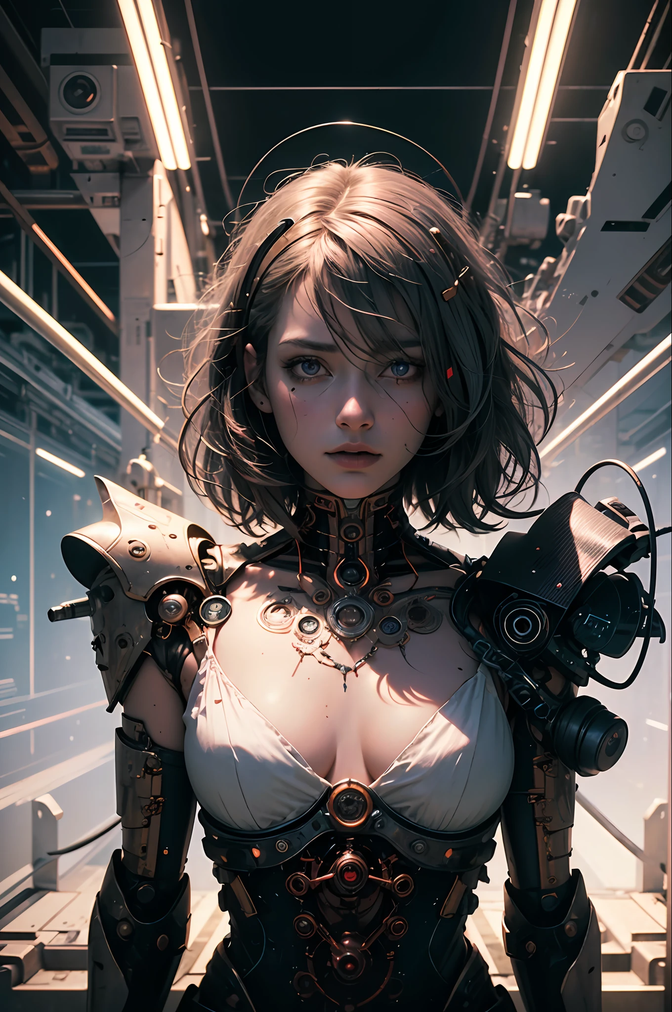 Top Quality, Masterpiece, Ultra High Resolution, (Photorealistic: 1.4), Raw Photo, 1 Girl, White Hair, Glossy Skin, 1 Mechanical Girl, (Ultra Realistic Details)), Portrait, Global Illumination, Shadows, Octane Rendering, 8K, Ultra Sharp, Big, Cleavage Exposed Raw Skin, Metal, Intricate Ornament Details, Cold Color, Egyptian details, very intricate details, realistic light, CGSoation trend, purple eyes, glowing eyes, facing the camera, neon details, mechanical limbs, blood vessels connected to tubes, mechanical vertebrae attached to the back, mechanical cervical attachment to the neck, sitting, wires and cables connecting to the head, evangelion, small LED lamp, --auto