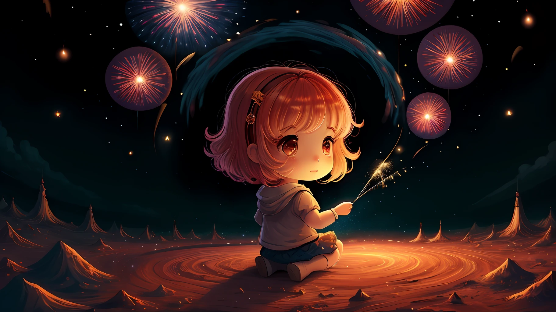 1fille,Aerial fireworks, astronaute, aurore, milky way, feast,   Chibi,  Fisheyes, Masterpieces, premier quality, Best quality, Art officiel, beautiful and aesthetic, Animation, 8K RAW,