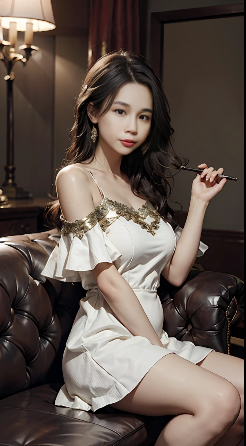 primitive, tmasterpiece, ultra fine photos,, best qualtiy, 超高分辨率, realisticlying, rays of sunshine, full-body portraits, stunningly beautiful, , dynamicposes, delicated face, Vibrant eyes, (the sideview) , She was wearing a nightdress, cropped shoulders, sitting on a leather sofa, very highly detailed background, 详细的脸, detailed tidy background, opulent, milkyW, highdetailskin, Realistic details of skin, Visible Pore, Sharp focus, volume fog, 8K UHD, digital SLR camera, high high quality, filmgrain, White skin of the, photorealisti, Lomorro, Utopian metropolis of the future, look from down, Transparent inlay in dress, short skirt,