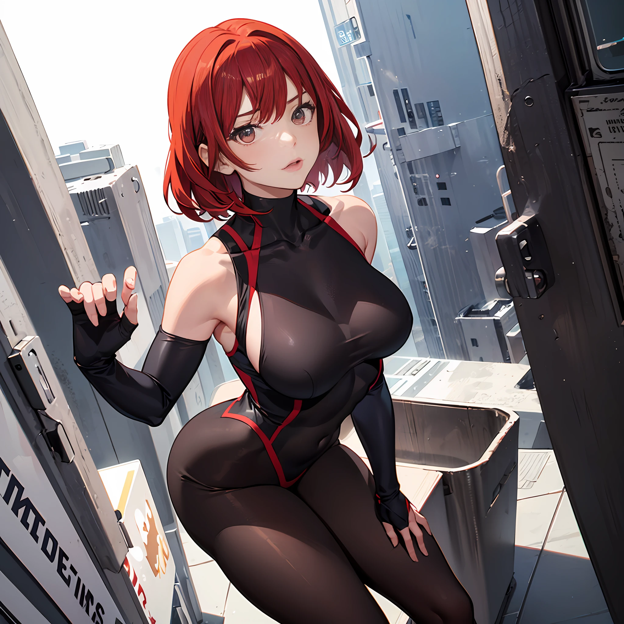 A mature woman，Height 50 meters，Short red hair is a housewife，Wear red tights，This is a superhero。perfect bodies,Beautiful face，Optimal body proportions，mediuml breasts，Between high-rise buildings，Look up，The body structure is correct，Anatomical correct，Correct anatomy, highly detailed giantess shot,（slender figures）