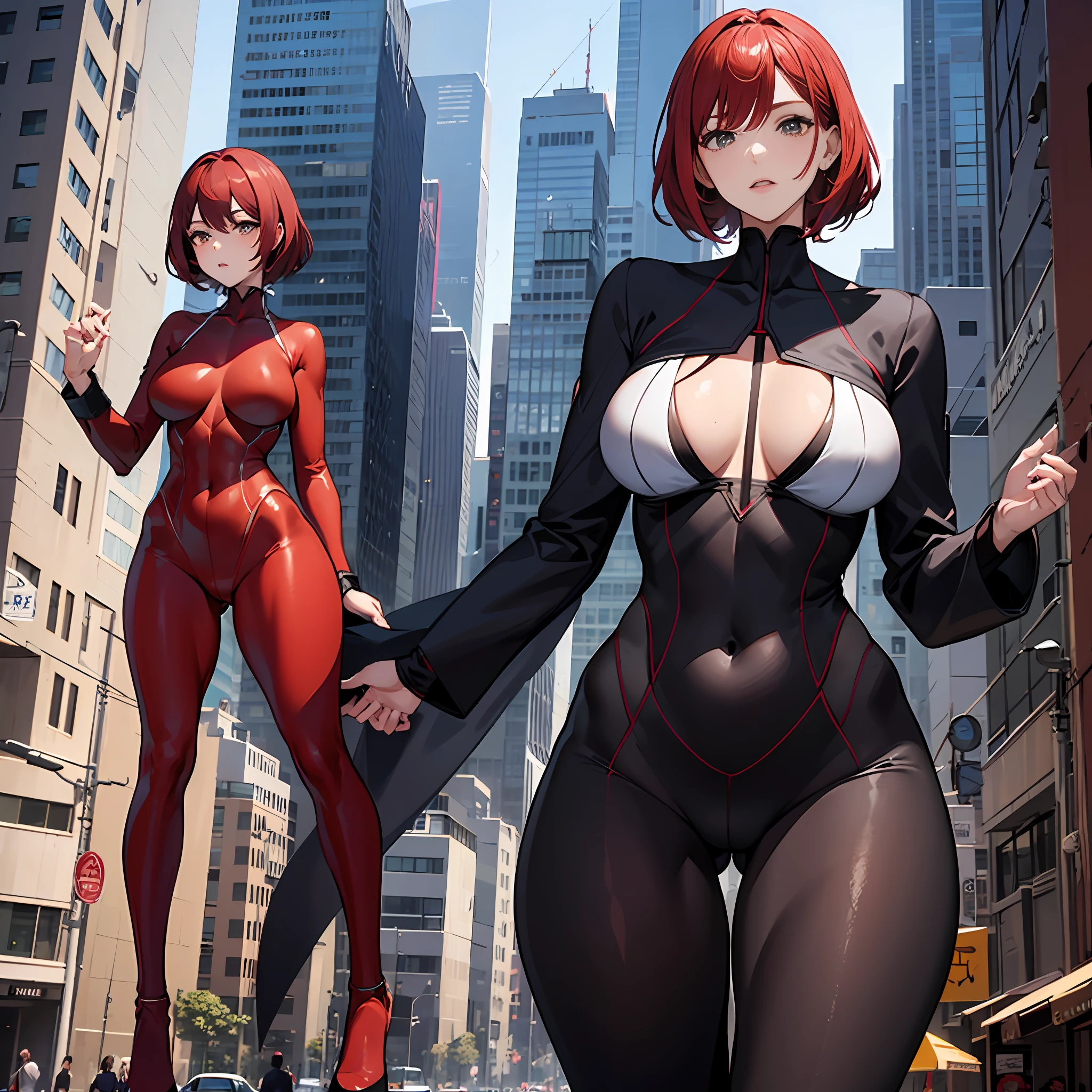 A mature woman,Height 50 meters,Short red hair is a housewife,Wear red tights,This is a superhero。perfect bodies,Beautiful face,Optimal body proportions,mediuml breasts,Between high-rise buildings,Look up,The body structure is correct,Anatomical correct,Correct anatomy, highly detailed giantess shot,(slender figures)