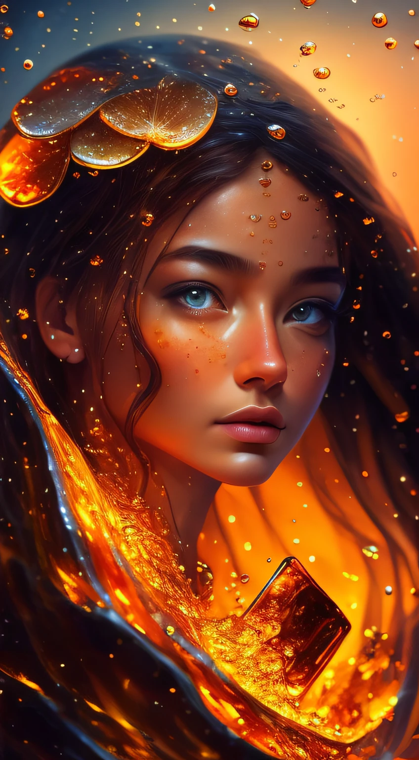 Liquid (Amber Smelting Woman, beautiful features, splashed liquid, Young, Slim, Digital Art, surrealism, deviant art, elegance), Photorealistic, Super High Quality, Super High Resolution, surreal, Color correction, Good lighting settings, good composition, Very low noise level, sharp edges, harmonious composition, ultra precision, Masterpiece, Award-winning photography,
Fantasy background, illustartion, cartographic, Portrait, Fantastic color palette, 16k, Full-HD, Would, loneliness, Cute, soft-lighting, hyper realisitc, looking at the viewer, Complex background, dinamic lighting, Lights, Digital Painting, intricated pose, high detail, Cute, filigree, Intricate