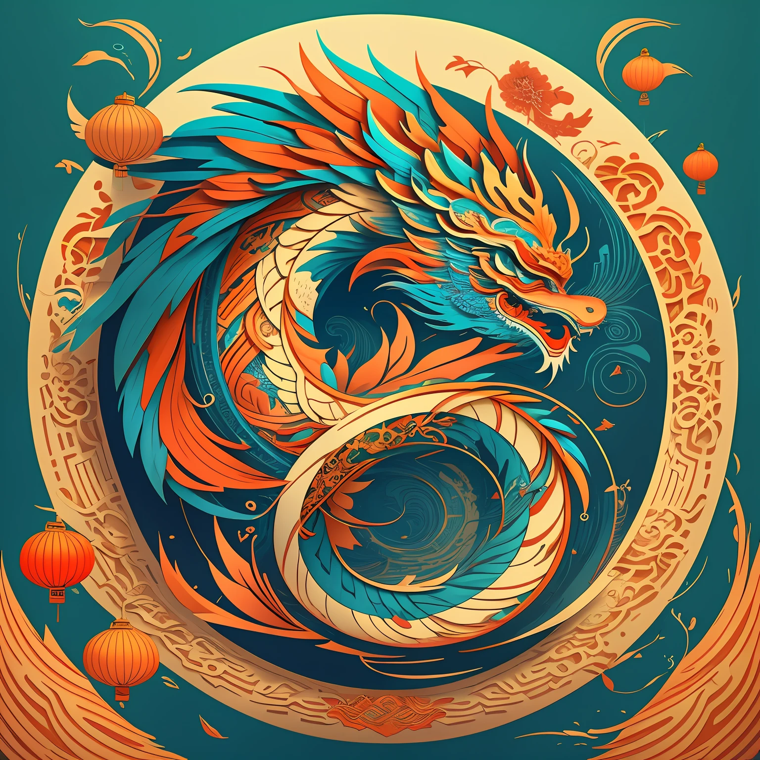 Stylish modern Chinese dragon logo presented in vector art，With a vibrant color palette and intricate details，Create eye-catching shapes。