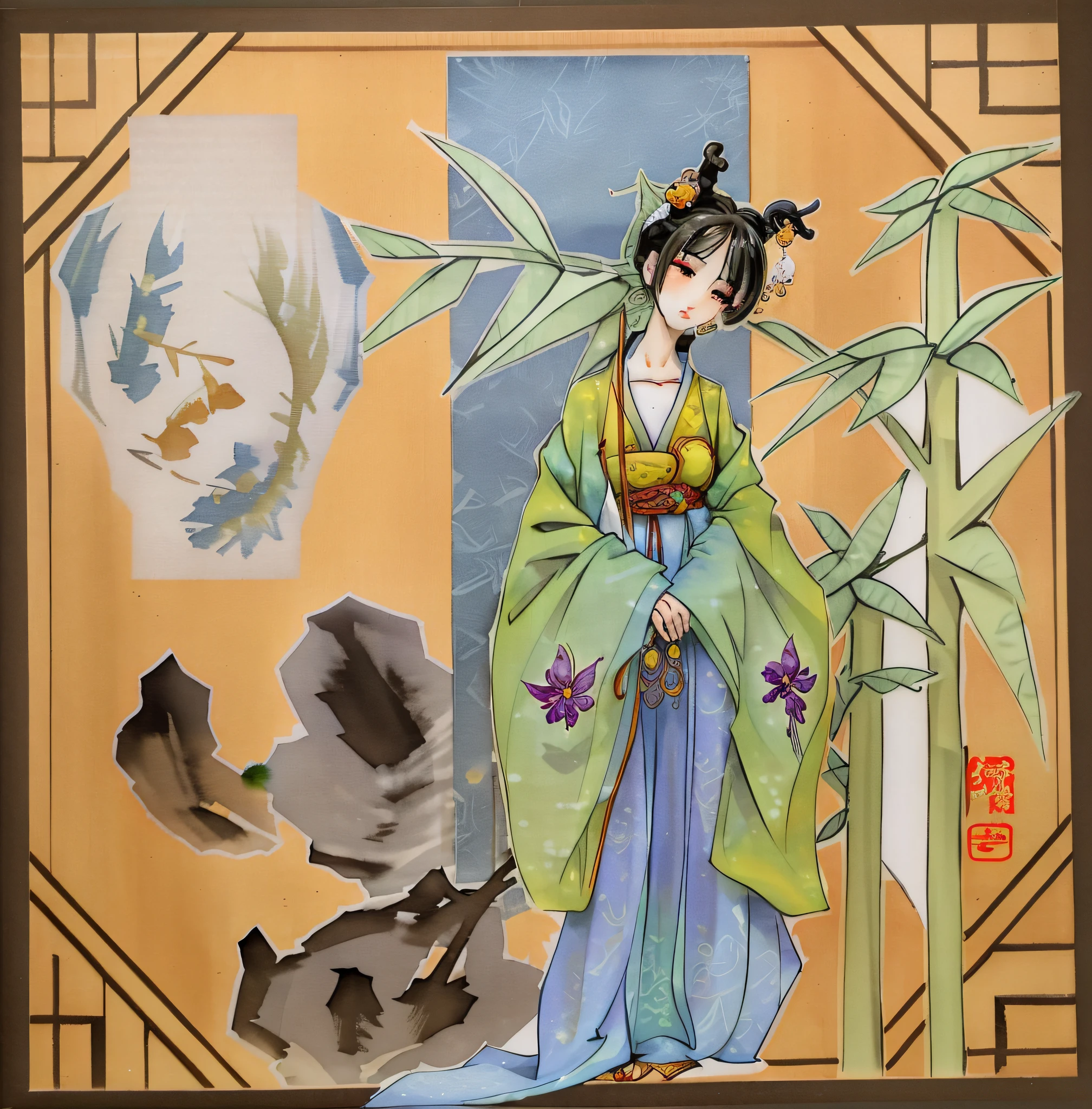 ((best qualtiy, 8k, tmasterpiece:1.3)), Focus:1.2, perfect figure beautiful woman:1.4, , (Green women's Tang costume with large flowers:1.1) ,(Room, living room: 1.3), Highly detailed facial and skin texture, A detailed eye, 二重まぶた,Whiten skin,huge tit,ssmile,Women's Tang costume,Close your eyes downwards,The letter is signed by Wang Xiaosu,Stereoscopic rockery 1.5,Butterfly stickers