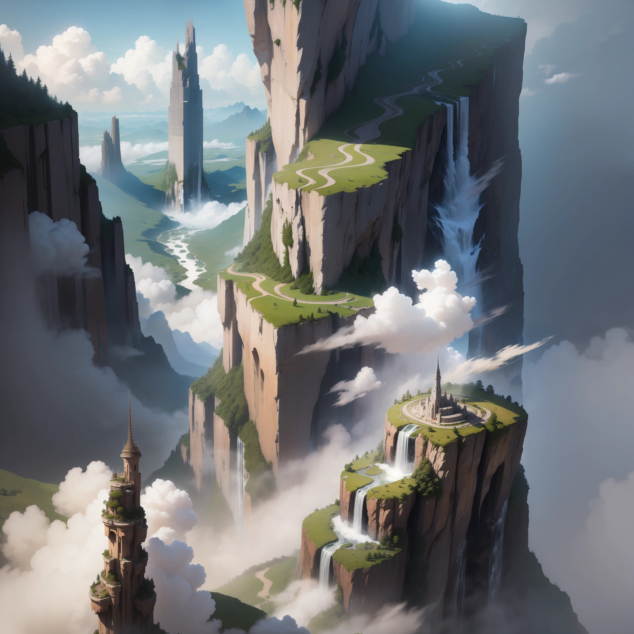 Huge city　Towering above the clouds　Fantasia　Sci-Fi Isekai　Super huge waterfall　top-quality　​masterpiece　超A high resolution