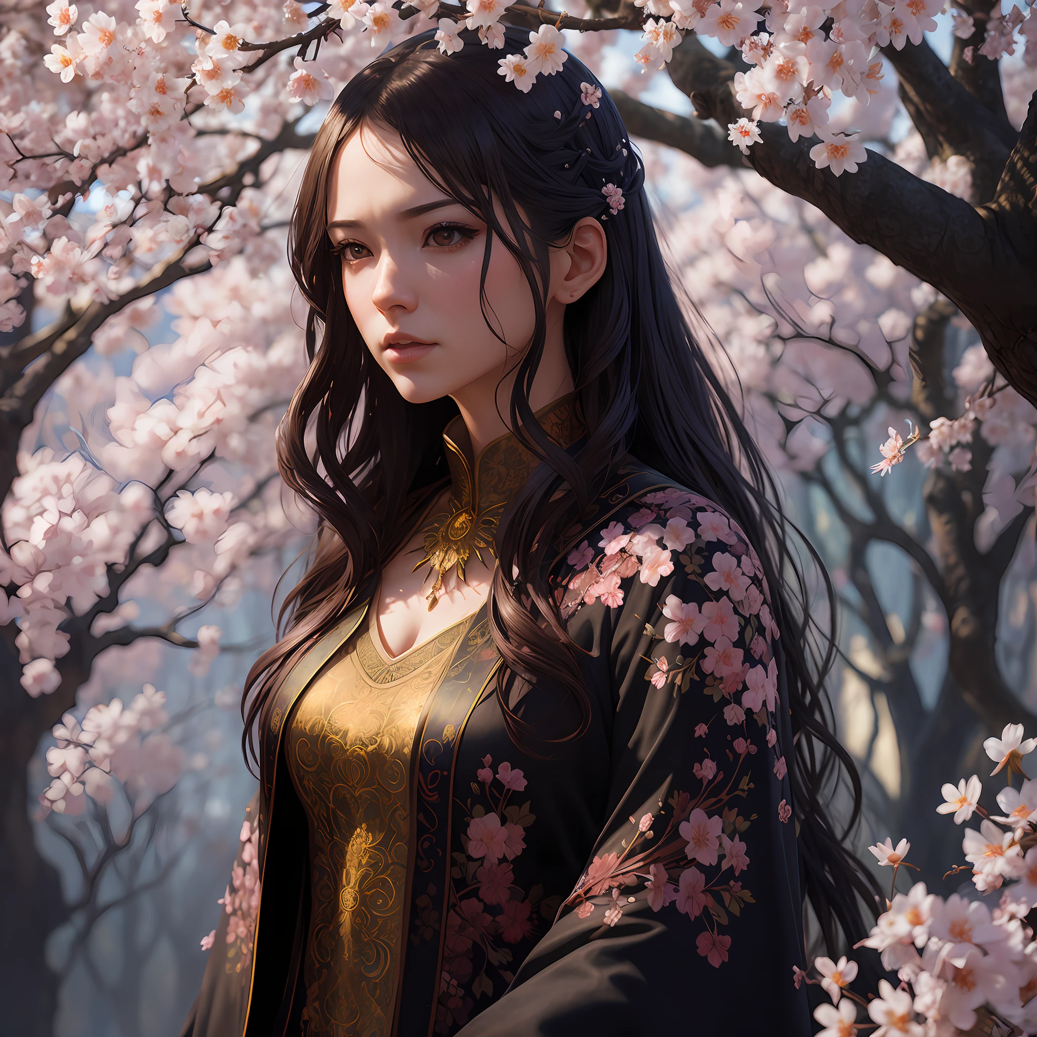 A sakura blossom flower by Casey Weldon, Olga Kvasha, Miho Hirano, hyperdetailed intricately detailed gothic art trending on Artstation triadic colors Unreal Engine 5 detailed matte painting, deep color, fantastical, intricate detail, splash screen, complementary colors, fantasy concept art, 8k resolution, gothic deviantart masterpiece, (dark shot:0.9), art by greg rutkowski and artgerm, soft cinematic light, adobe lightroom, photolab, hdr, intricate, highly detailed, (depth of field:1.4)