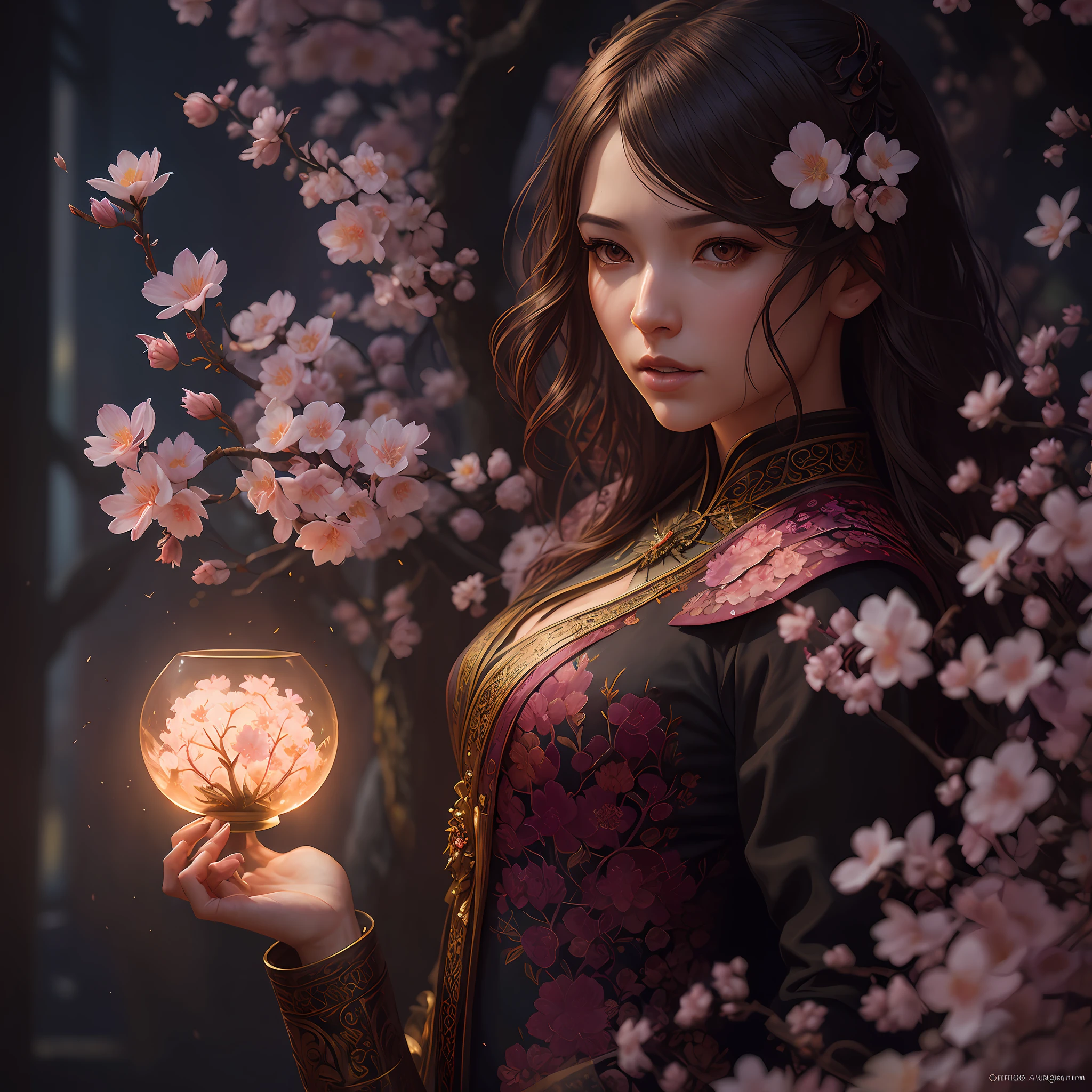 A sakura blossom flower by Casey Weldon, Olga Kvasha, Miho Hirano, hyperdetailed intricately detailed gothic art trending on Artstation triadic colors Unreal Engine 5 detailed matte painting, deep color, fantastical, intricate detail, splash screen, complementary colors, fantasy concept art, 8k resolution, gothic deviantart masterpiece, (dark shot:0.9), art by greg rutkowski and artgerm, soft cinematic light, adobe lightroom, photolab, hdr, intricate, highly detailed, (depth of field:1.4)