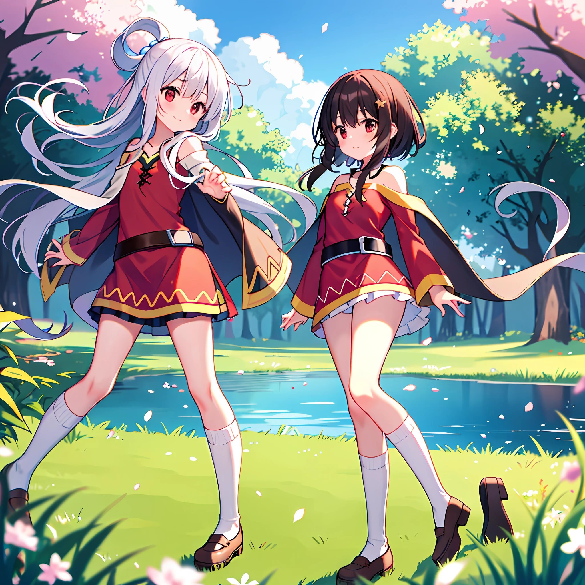 （Higher image quality），（tmasterpiece），（Detailed description of the eyes），（A detailed description of the face），1menina_megumin_konosuba，Red eyes，White hair，（long whitr hair），long whitr hair（Float in the wind），hair adornments，white dresses，little breast，White knee-length socks，leather shoes，There are arms and hands behind the back，Blushlush，Fluttering grass，（springtime，SakuraNS），petals，（Lens reflections），altocumulus，Dazzling light， Cool breeze，[the cherry trees]'s（shadowing），grassy fields，（The grass is growing，Birds are flying），（lake，surface reflection）