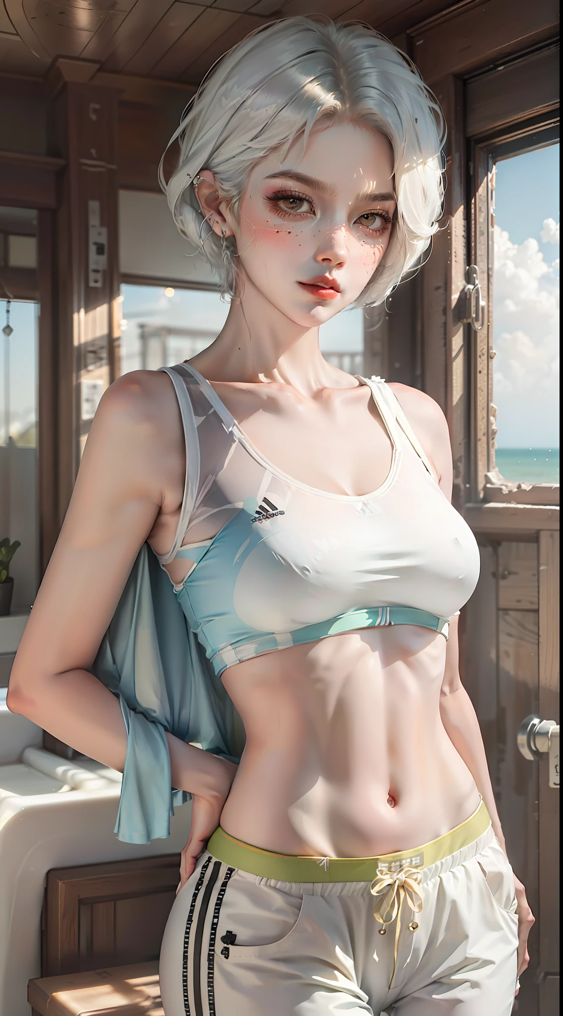 A woman(独奏),with brown eye,with short white hair,The face of an 18 year old girl,Naughty sneer,Curved body,(Complicated details),short blouse(Adidas:2.0),décolleté,shorter pants,(little breast:1.0),(big assa:2.0),(Wide hip circumference:1.2),self-shot,Strike a defiant pose,(camera view),bathing towel,浴室
