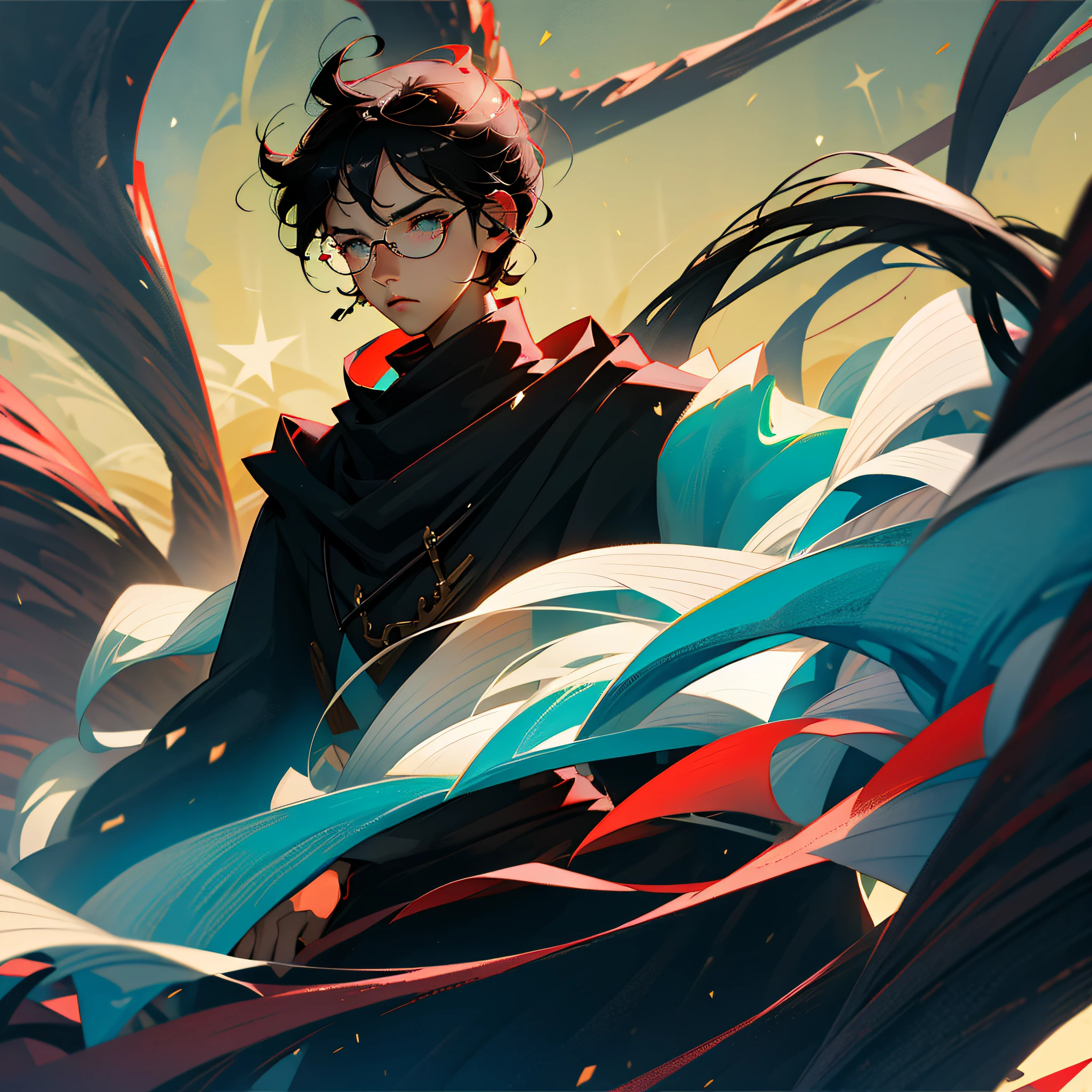 male, black hair, hollow eyes, behind-the-head headphones, bespectacled, sleepy, bored, short hair, anime, anime style, from side, UHD --auto