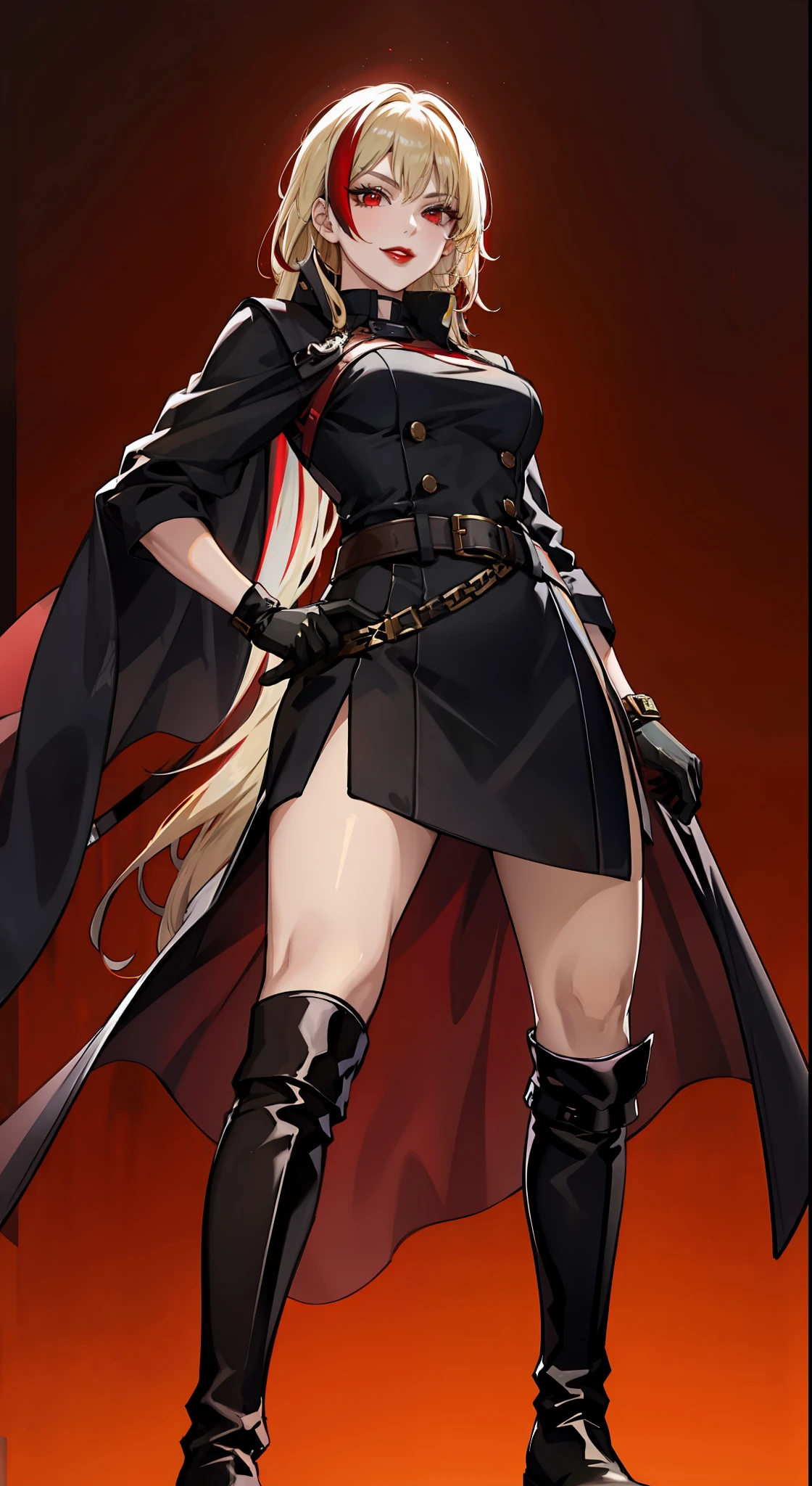 1girl, blonde hair, solo, long hair, red eyes, gloves, multicolored hair, looking at viewer, black gloves, red hair, red background, streaked hair, red lips, upper body, bangs,red theme,bad-girl, large breasts,shiny skin,(mature female),standing, (from below:1.3), devious, smirk, seductive, (knee-high boots), (full body), (holding whip:0.5),