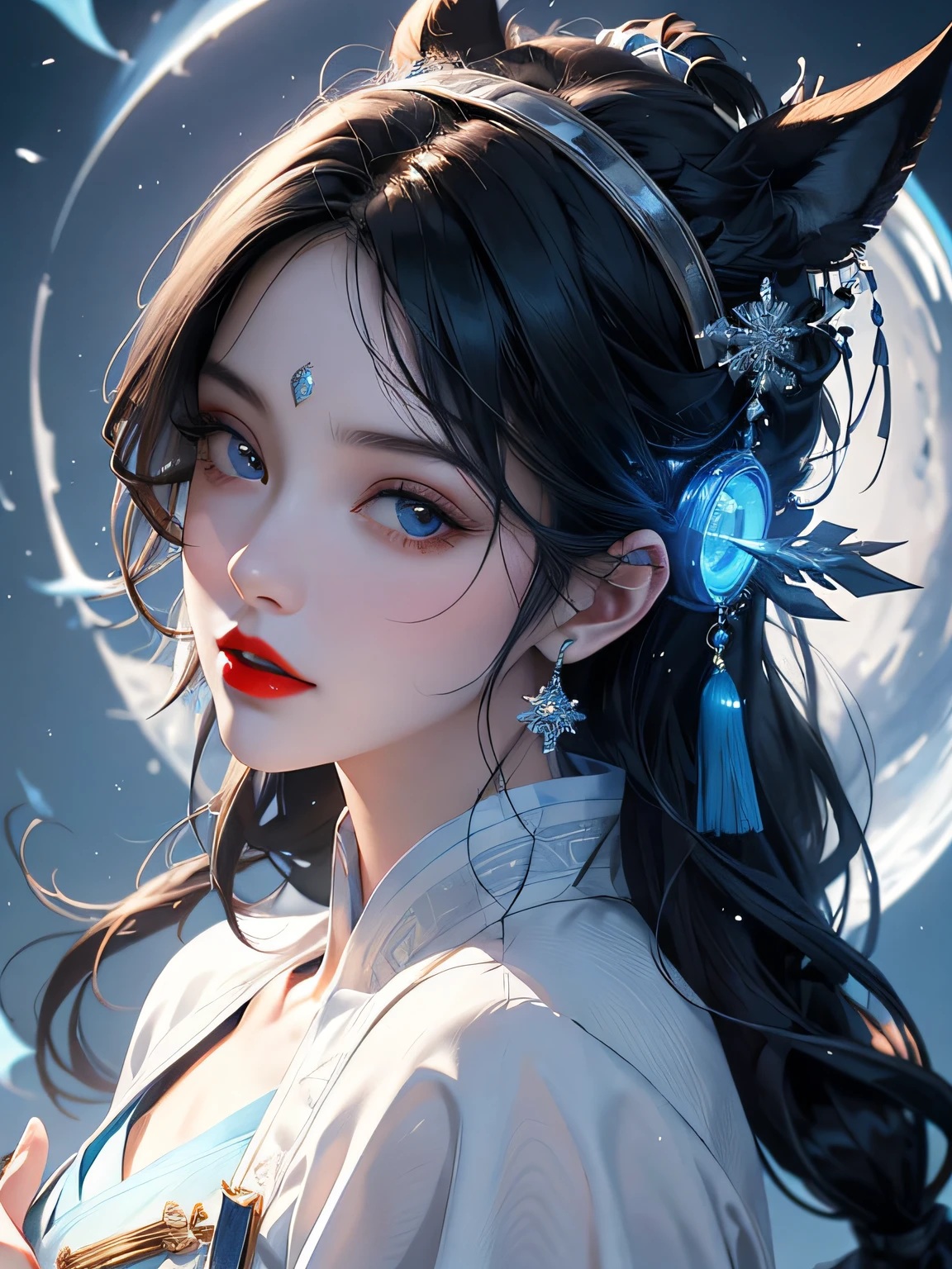 8k,best qualtiy,tmasterpiece,A close-up of a woman,Blue pupil,Delicate face,Redlip,Earrings ultra clear moon background,Long blue-black hair,horse tailed,white headgear,Alchemy furnace,snowflakes falling,Hazy,Blue and white alchemist Hanfu,