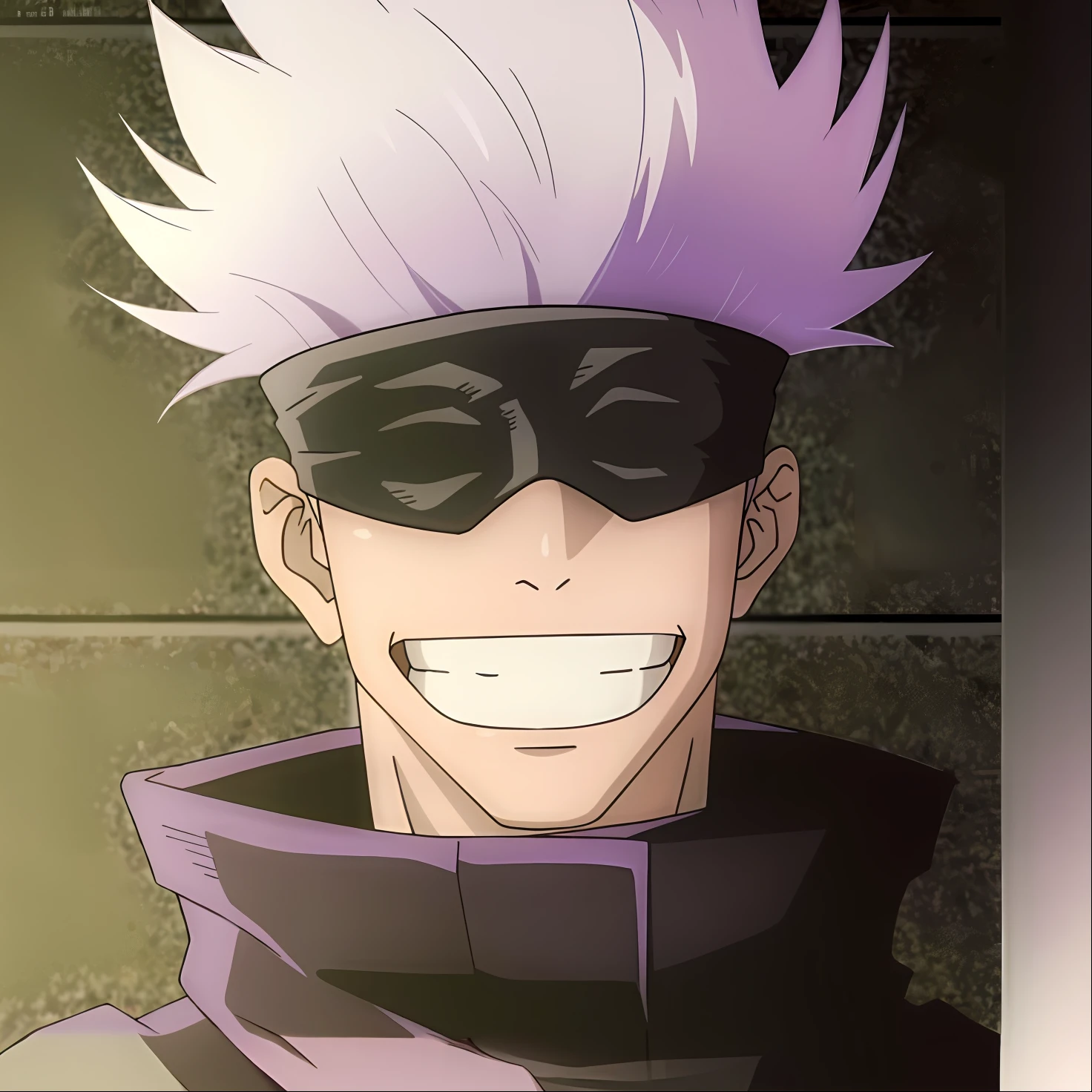 Anime character with purple hair and sunglasses smiling in front of a wall, Coringa se parece com Naruto, Jujutsu Kaisen, Coringa como Naruto, Nagito Komaeda, Ken Kaneki, Nagito Komaeda de Danganronpa, como um personagem de anime, ele usa um tapa-olho, Gatilho Estilo de Arte de Anime, ele tem cabelos grisalhos escuros