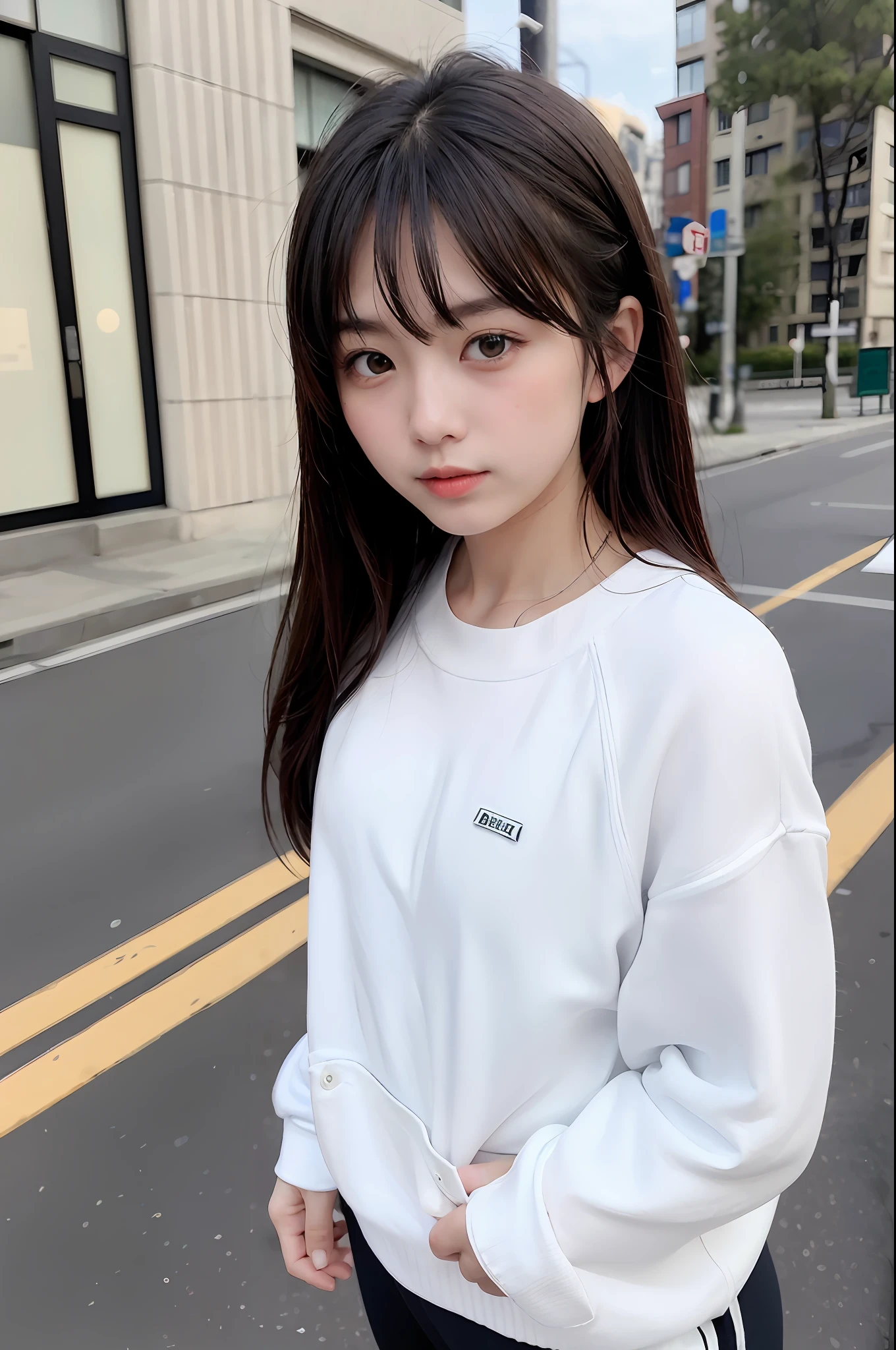 (photograph of-realistic:1.55),tmasterpiece,top-quality,the detail,femele,the city street,femele,TFG1,White gym clothes(cleanness)