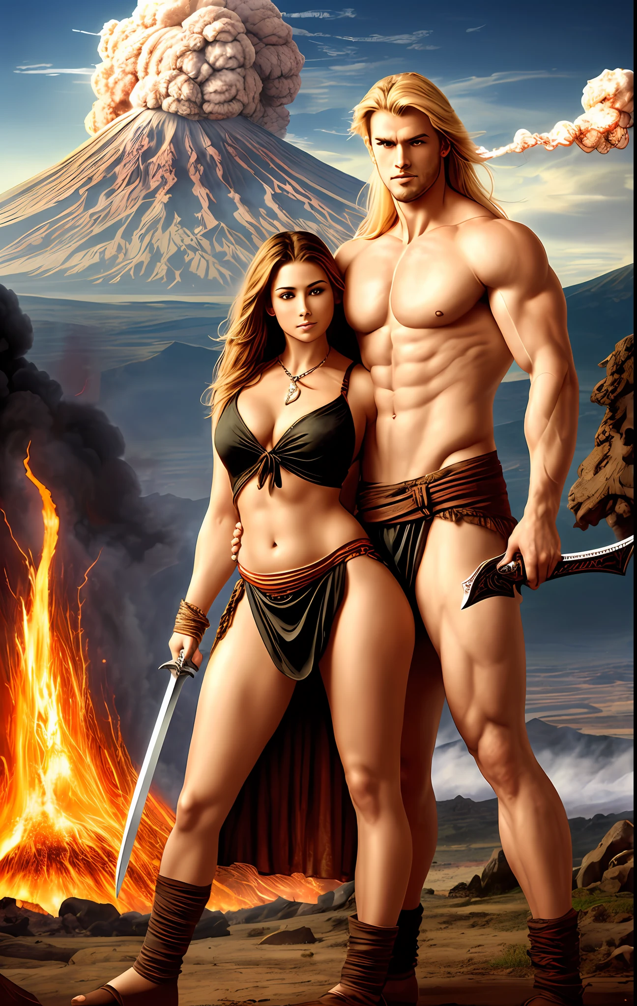 (couple standing) Man, barbarian, fierce, bulky, sinewy muscles, wearing bear skin cloth, large sword in hand, and, Woman, beautiful, young, voluptuous, long blonde hair, wearing skimpy ancient clothing, infront of an erupting volcano, by Luis royo, by Frank frazetta, by Boris vellejo --auto