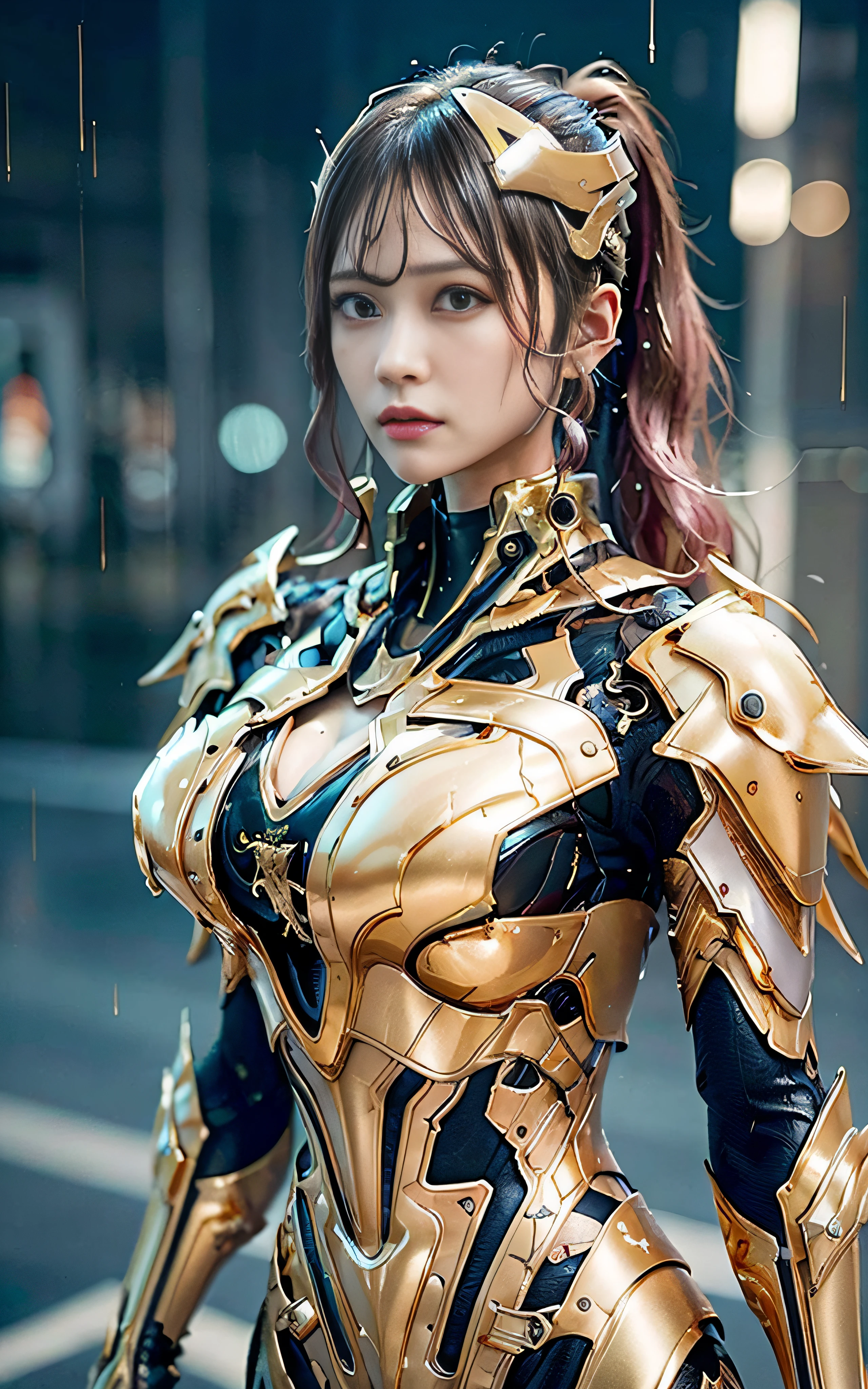 ​masterpiece, top-quality, hightquality, (the future:1.1), (Pink gold colored cyberpunk suit), movie lights, (exquisite future), Beautiful and beautiful, ultra-detailliert, amazing composition, floating, depth of fields, (extremely details CG,Unity 8k壁纸), (beautiful detail background), beautiful hair details, dramatic lights, gogetta, mechs,Best Quality,超A high resolution,photoRealstic,tits out,cleavage of the breast,(Hair that flutters in the wind),((Close one eye)),(Angry look),(Fashion poses),((thunder)),(struck by heavy rain),(wetting hair),(Wet)