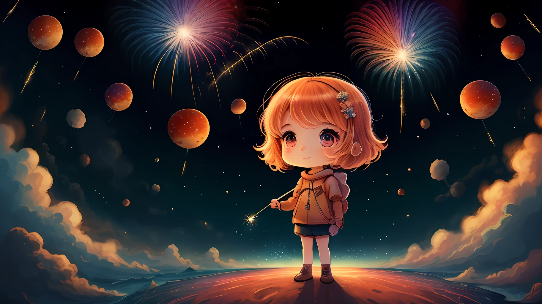 1fille,Aerial fireworks, astronaute, aurore, milky way, feast, Chibi, Fisheyes, Masterpieces, premier quality, Best quality, Art officiel, beautiful and aesthetic, Animation, 8K RAW,