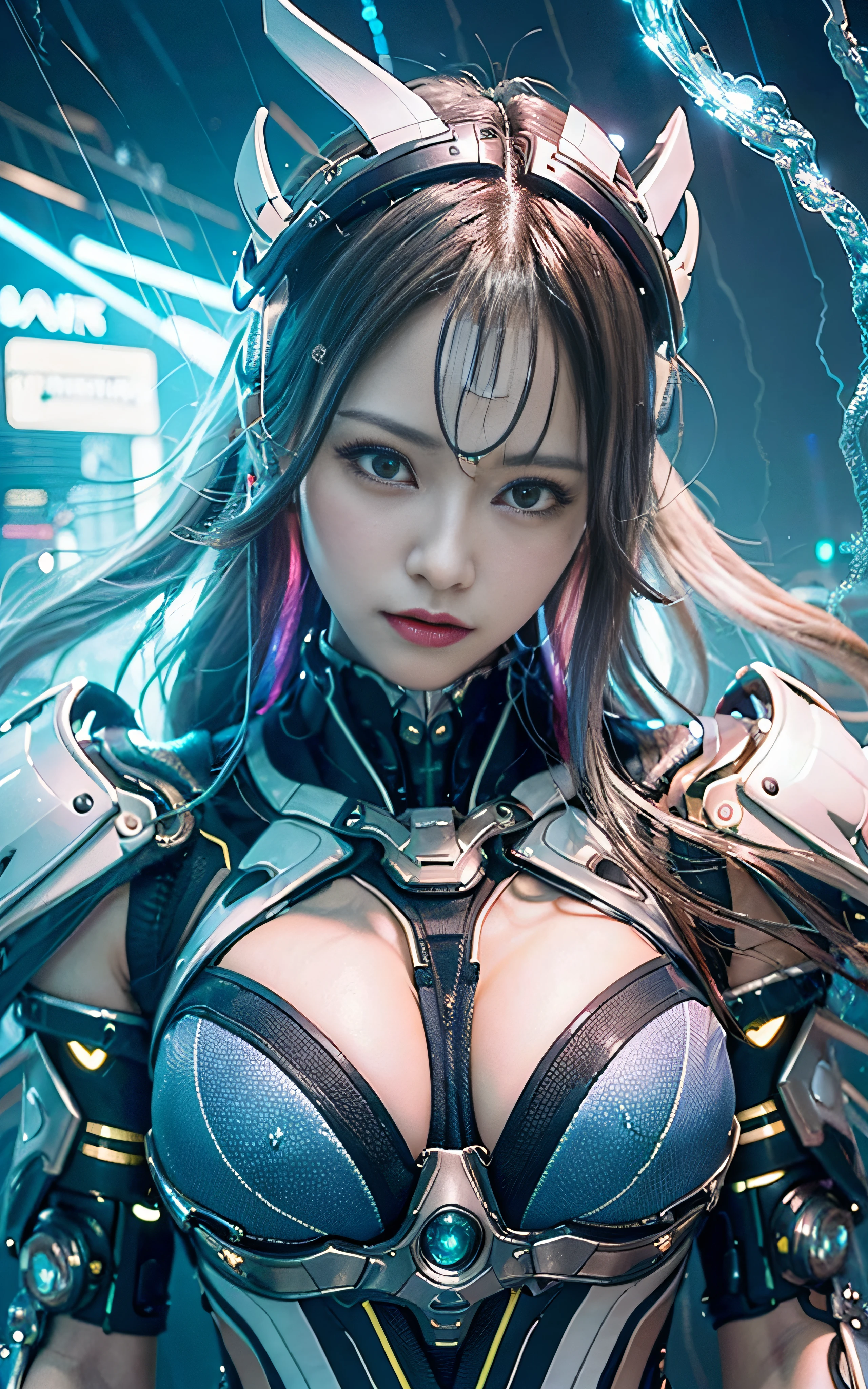 masterpiece, top-quality, hightquality, (the future:1.1), (Rainbow Cyberpunk Clothing), movie lights, (exquisite future), Beautiful and beautiful, ultra-detailliert, amazing composition, floating, depth of fields, (extremely details CG,Unity 8k壁纸), (beautiful detail background), beautiful hair details, dramatic lights, gogetta, mechs,Best Quality,超A high resolution,photoRealstic,tits out,cleavage of the breast,(Hair that flutters in the wind),((Wink)),(Angry look),(actionpose),((thunder)),rain falling,Lightning strikes