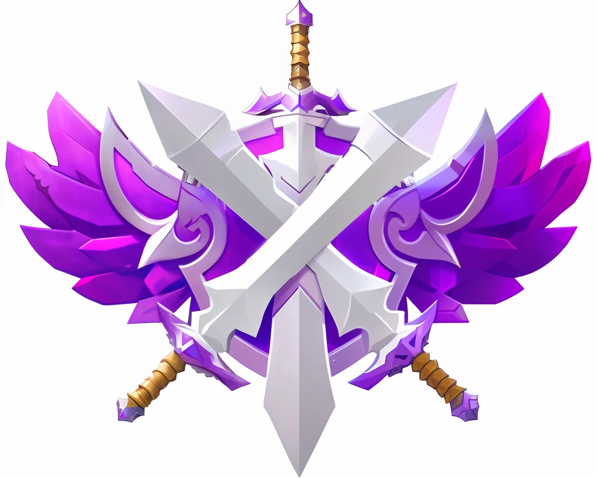 Close-up of purple and white sword with wings, Sword and shield, fantasy shield, normal map, purple glowing core in armor, emblem of wisdom, style of duelyst, cryptoblades, magical sword, profile picture 1024px, Perfect faction, magic spells and weapons, chainsword in the other, dual wielding two magical swords --auto