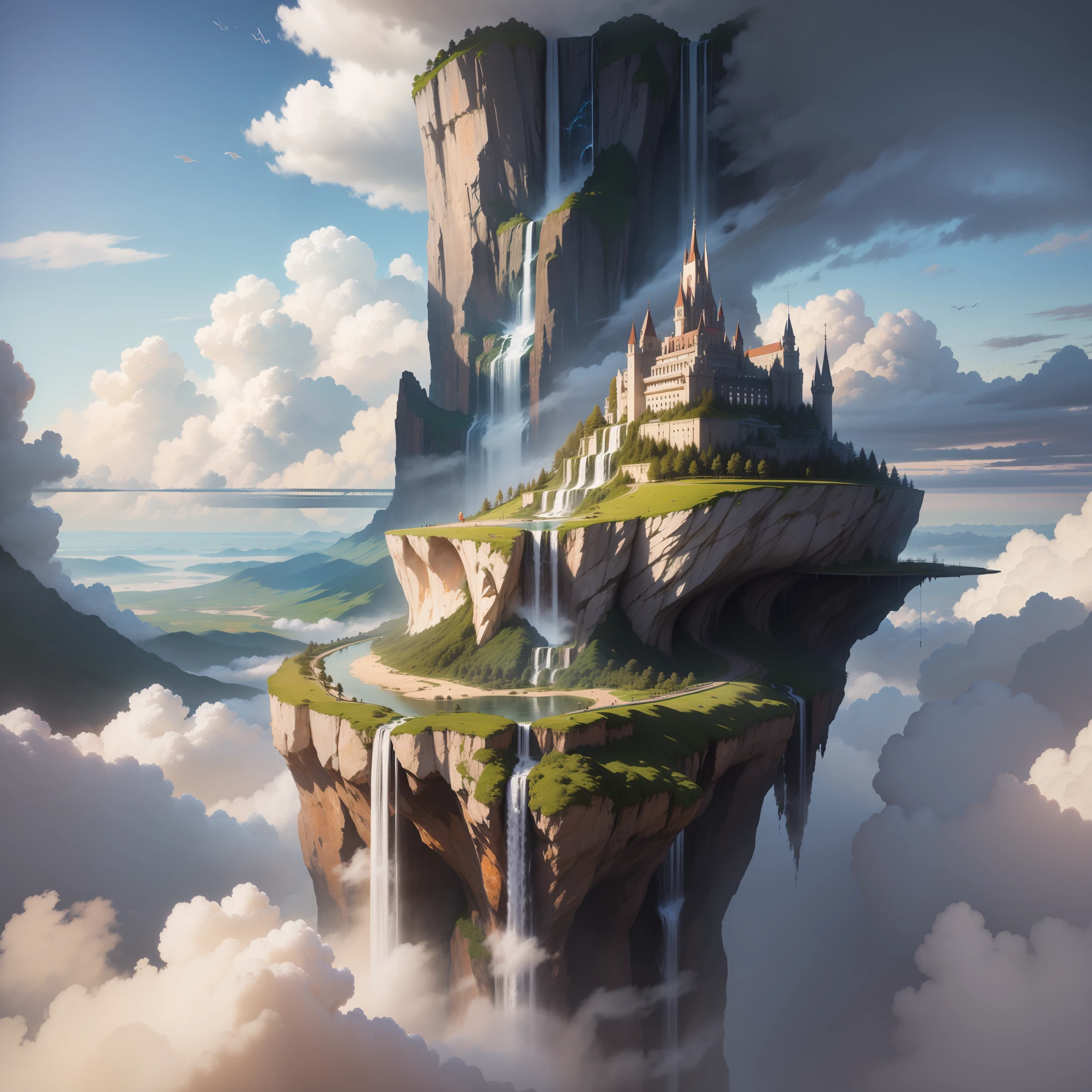 Huge city Towering above the clouds Fantasia Sci-Fi Isekai Super huge waterfall top-quality masterpiece 超A high resolution great outdoors
