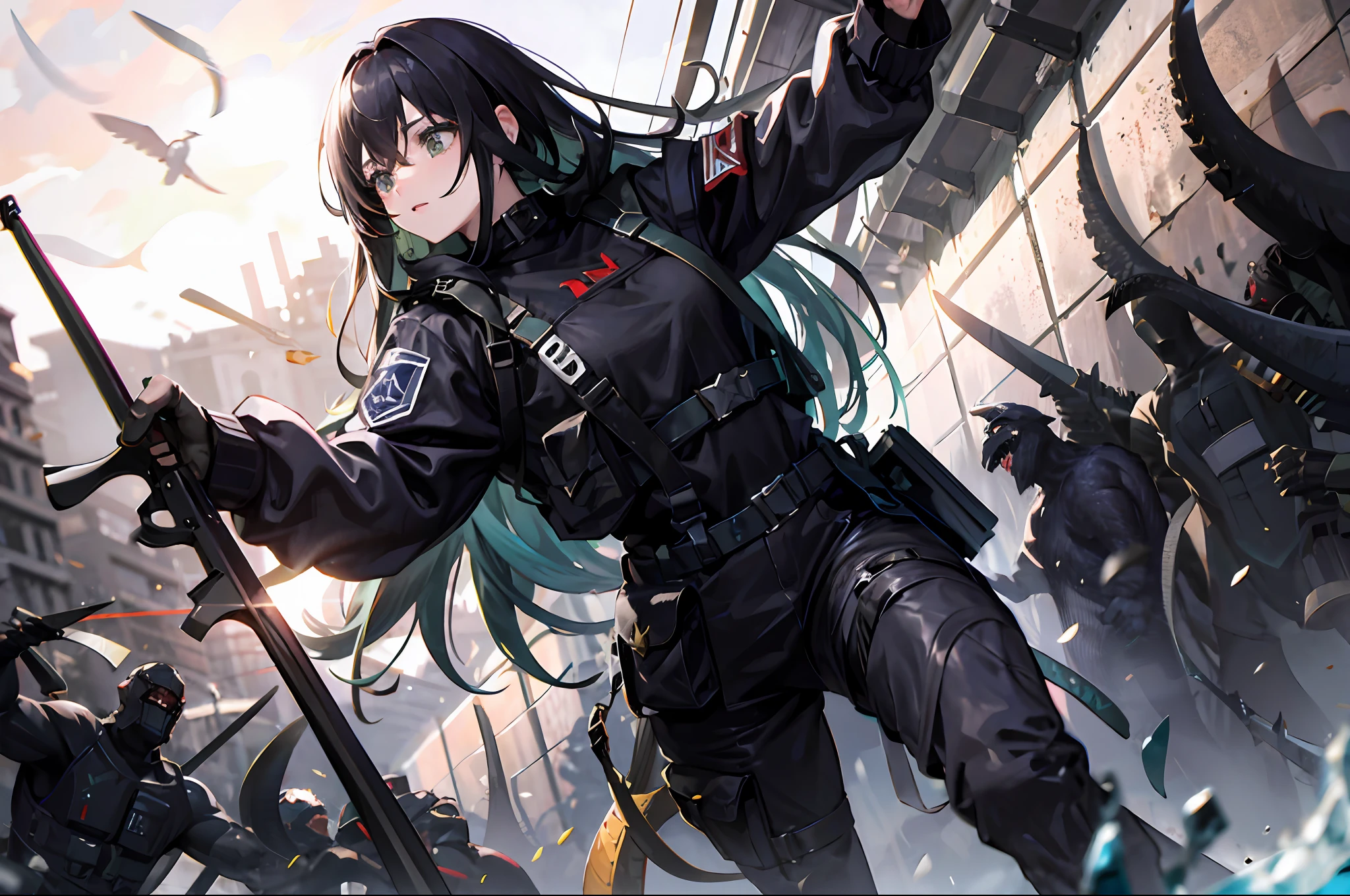 {{​masterpiece、top-quality、Dynamic high-definition CG、8k wallpaper、Cinematographic lighting、lensflare}}、Girl Shooting Rifle、Wide View、Lively composition、thick body、long Brond Hair、green colored eyes、(Holding weapons、holding rifle、aim:1.4)、guns、h&K HK416、carbine、open fire、opening fire、(One girl soldier aiming a huge rifle)、24 year old、Teeth are protruding、Special Forces、Knee shooting、Indigo Color Combat Suit、SLR、(EF24-70mm F2.8L II USM)、Cowboy Shot、((Swarm of undead monsters))