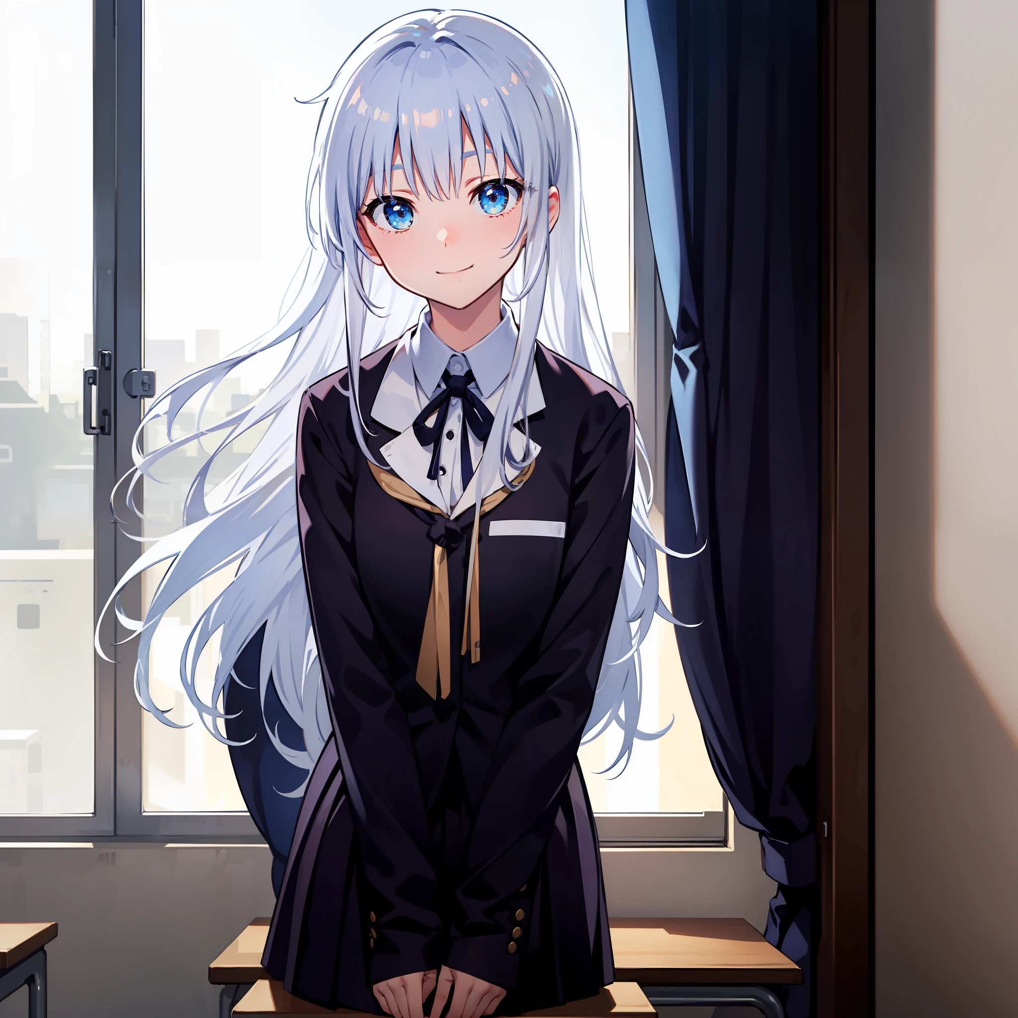 long whitr hair,White hair,Japanese schoolgirl uniform,Hands behind you,staring right into camera,Leaning forward with your upper body,smiling expression,in class room,full bodyesbian,one-girl,blue color eyes