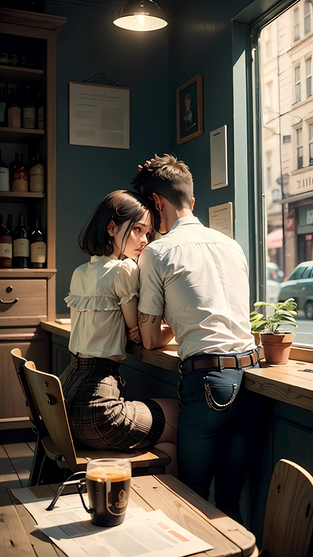 Cheated girlfriend, girl with another boy, backstab,sad men, pub background --auto