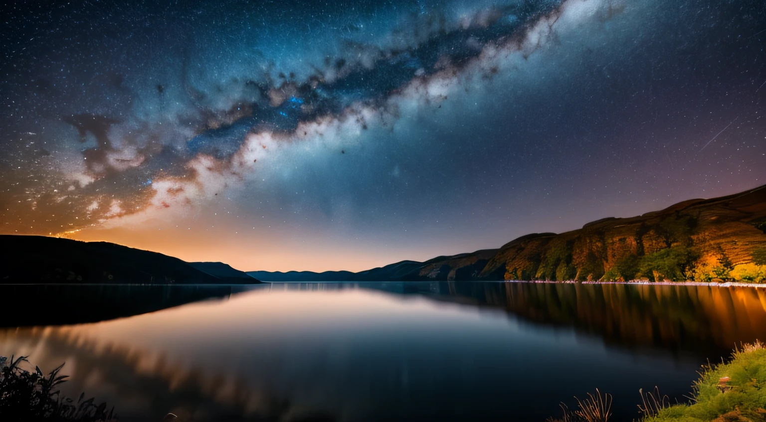 The starry sky is clear:night setting,The lake beneath the cliffs is like a mirror,Reflecting the bright starry sky,Dotted with milky ways and shooting stars,It shows the mystery and magnificence of the universe。Beautiful、heal、Scenic blockbuster、Eye protection、freshen、great outdoors、wonderland、Vast angle、Leica、ultra-clear、Bright light,Authentic scenery,high-definition photography