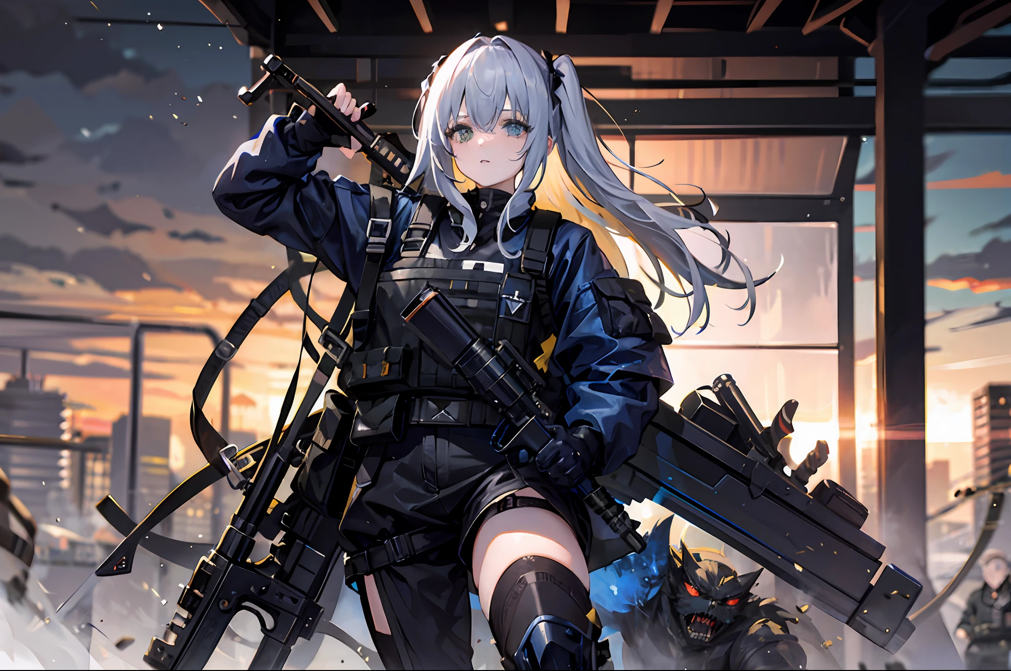 {{​masterpiece、top-quality、Dynamic high-definition CG、8k wallpaper、Cinematographic lighting、lensflare}}、Girl Shooting Rifle、Wide View、Lively composition、thick body、long Brond Hair、green colored eyes、(Holding weapons、holding rifle、aim:1.4)、guns、h&K HK416、carbine、open fire、opening fire、(One girl soldier aiming a huge rifle)、24 year old、Teeth are protruding、Special Forces、Knee shooting、Indigo Color Combat Suit、SLR、(EF24-70mm F2.8L II USM)、Cowboy Shot、((Swarm of undead monsters))、Point the muzzle at the enemy