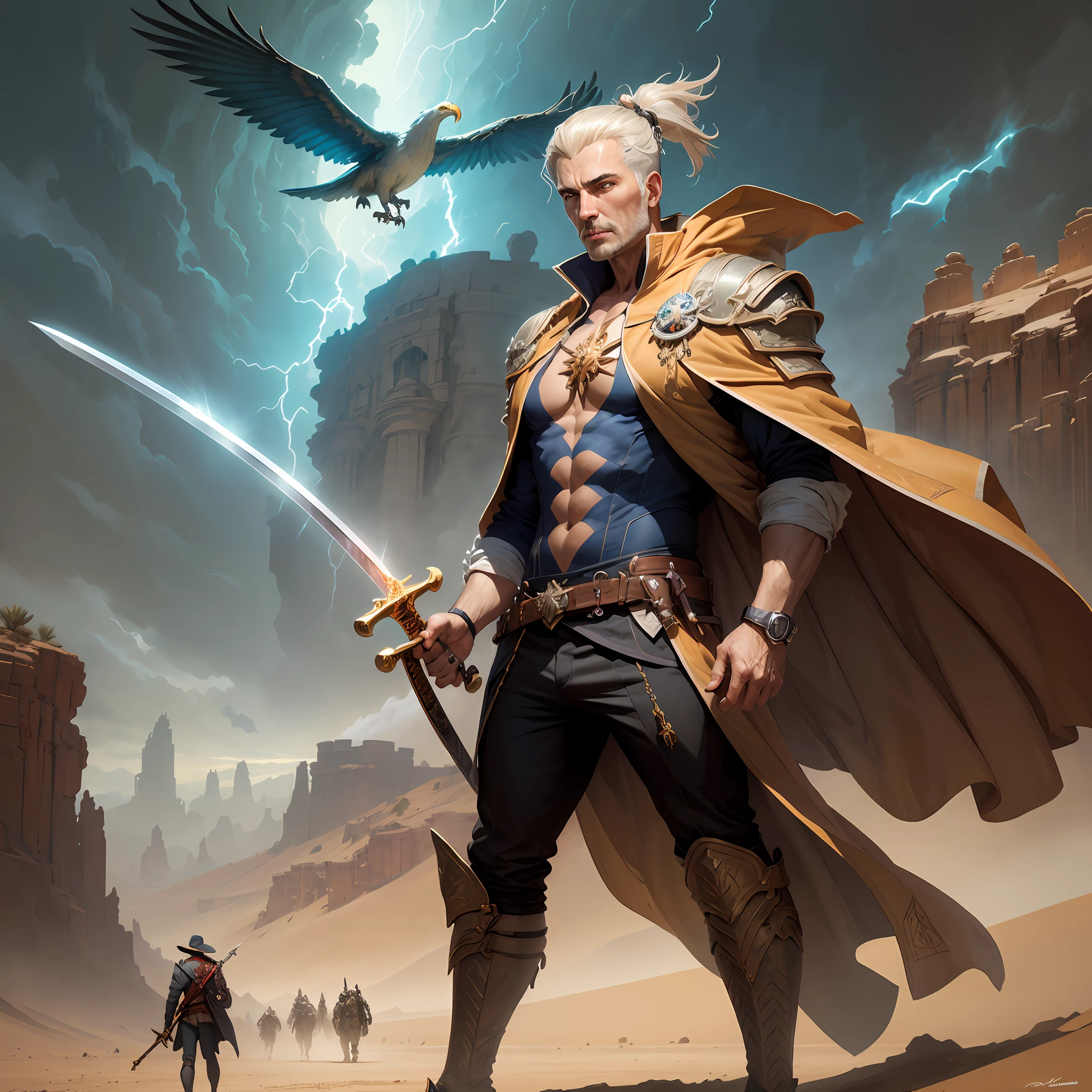 There was a man in the desert with a sword, Slash towards the giant bird,desert fighter ancient mage, stormlight archive, peter mohrbacher donato giancola, mohrbacher, author:Johannes Helgesen, artgerm craig mullins, graphic artist peter mohrbacher, Peter Mohrbacher. illusory engine, artgerm and craig mullins