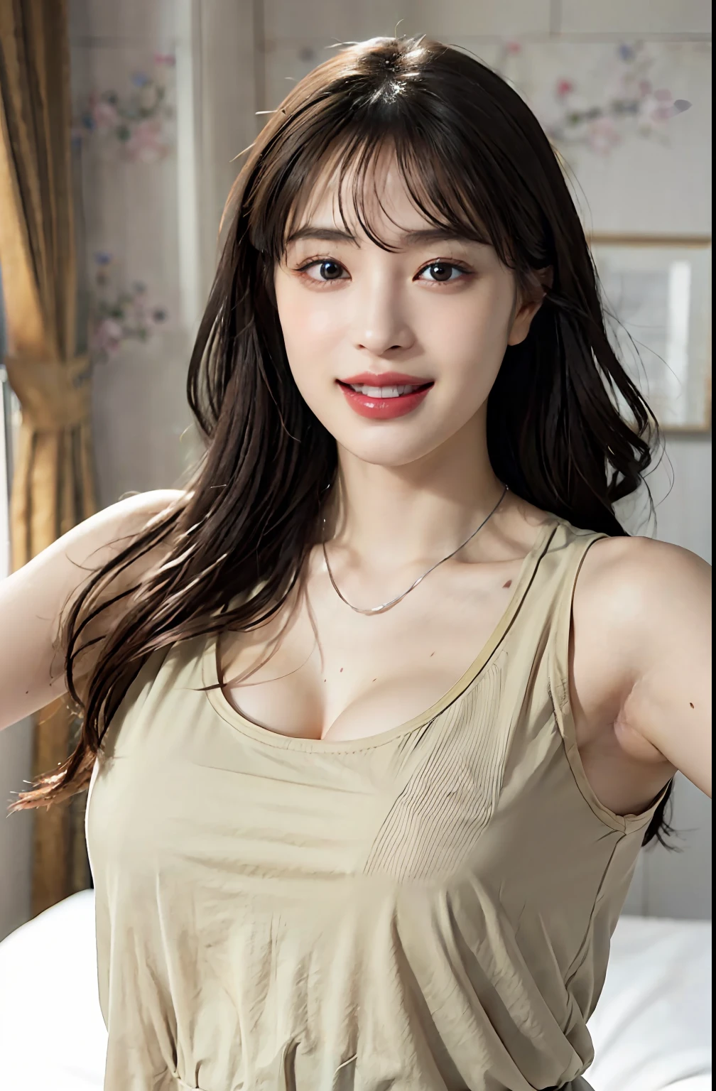 (A hyper-realistic), (illustratio), (hight resolution), (8K), (ighly detailed), (The best illustrations), (beatiful detailed eyes), (top-quality), (ultra-detailliert), (​masterpiece), (wall-paper), (详细的脸), a bed、Upper body close-up,Armpit, A smile,Plump,独奏,Girl in white tank top with open chest, full of sweat, japanes, large full breasts, (camel's toe)、huge-breasted、Detailed, well-groomed white teeth、Ultimate Beauty、shot on the Canon EOS R 6、full of sweat、(beautiful detailed teeth)、Silver necklace、Park with sunshine、Perfect and beautiful female hands、Perfect tooth alignment、Perfect fingers、