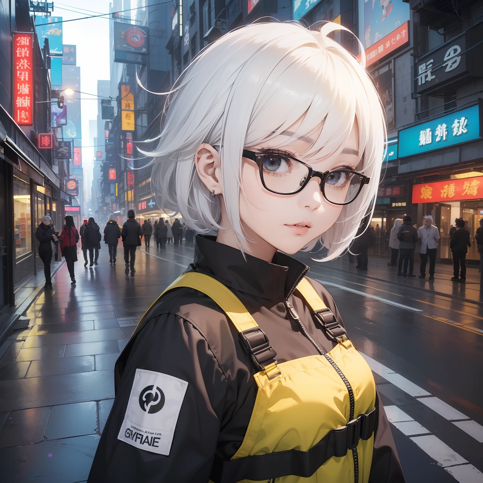 ((masterpiece、top-quality))、(独奏、from the front side、full bodyesbian)、(female focus)、(Ahoge、white hair、short-hair)、Black eye、Black-rimmed glasses、(Workwear、Coveralls、yellow)、is standing、cyberpunk、dynamic ungle