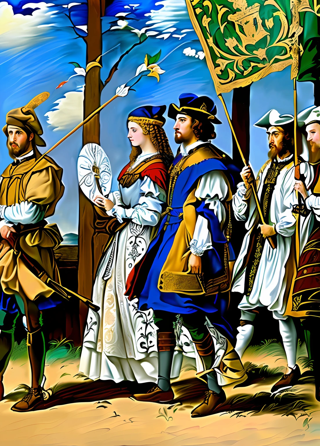 There are a lot of people in historical costumes standing together, renaissance style painting, Historical artwork, renaissance digital painting, Oil painting of the Renaissance, Draw again, Renasans style painting, dressed in medieval clothes, Renaissance costumes, Inspired by Hans Holbein the Elder, Renaissance Exposition, author:Emiliano di Cavalcanti, Colchian painting, 1 6th century style, historical painting, opulent, tmasterpiece