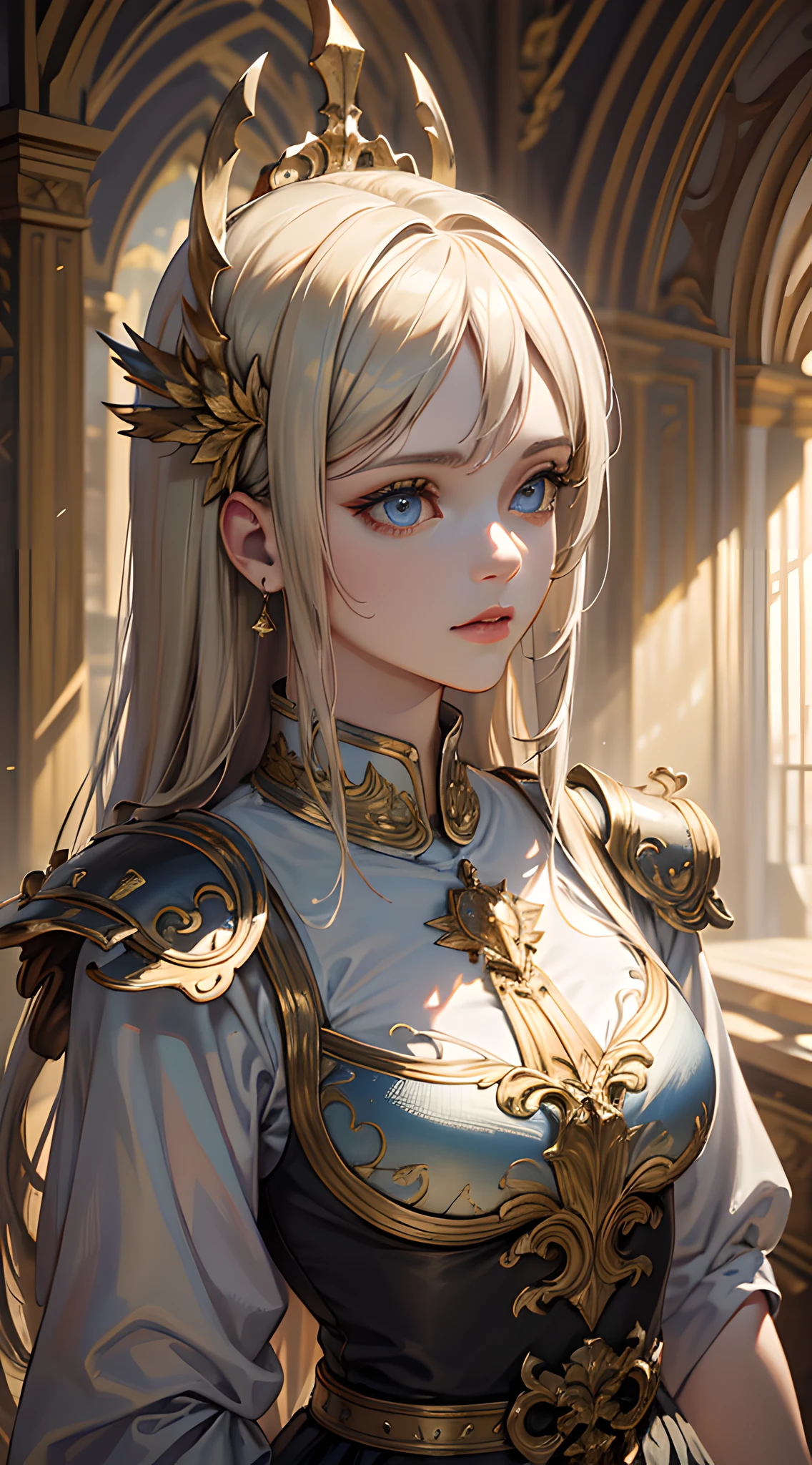 (masterpiece, best quality, upper body:1.4), 1girl, (close up:1.1), sublimity wall, large hall of castle, blue eyes, 8k, raw photo, absurdres, fractal, perspective, depth of field, HDR, sharp focus, highres, photography, realistic, highest detailed, extreme detailed, ultra detailed, finely detail, IvoryGoldAI