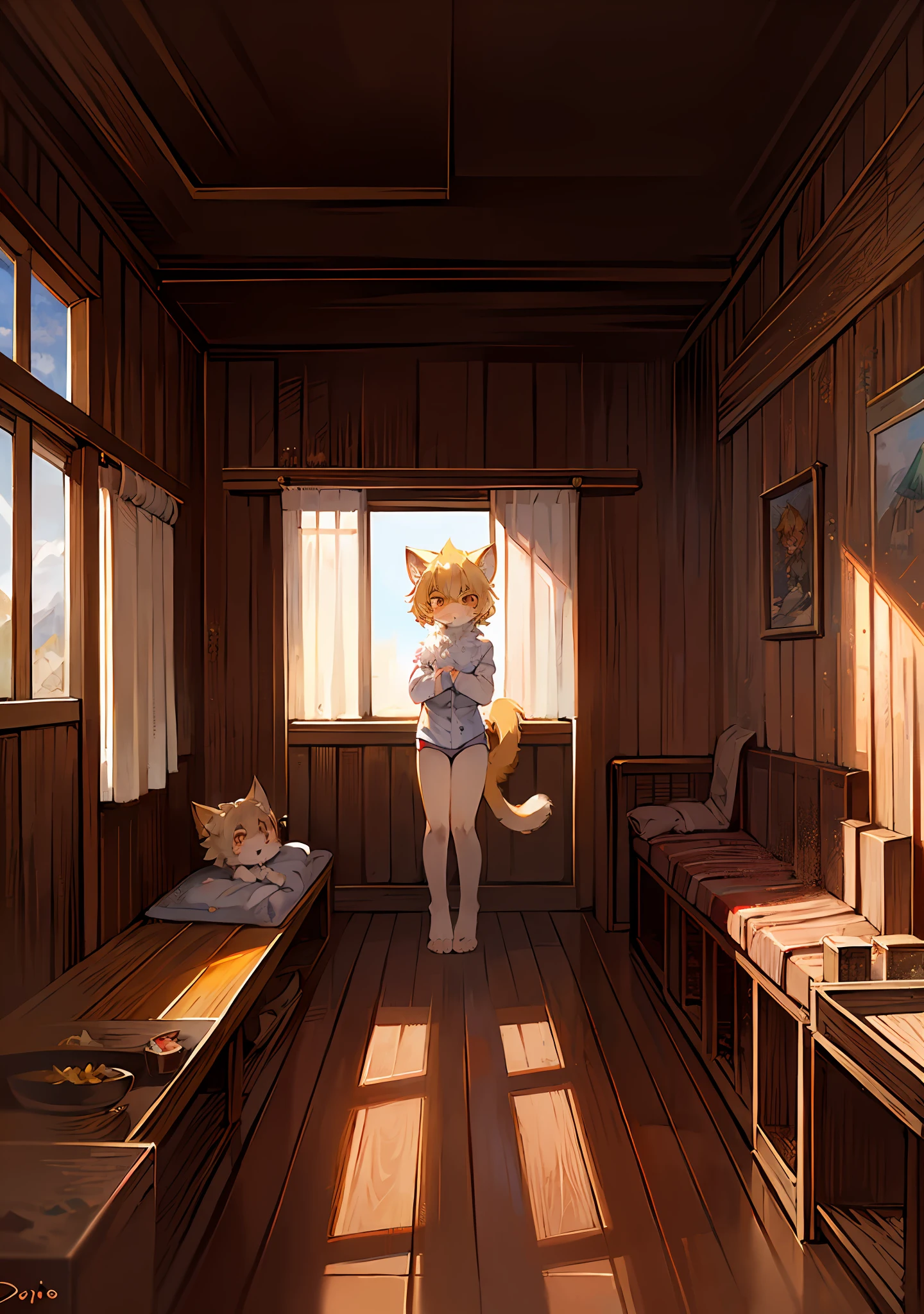 (Bright environment:0.8),Masterpiece,High quality,abstract res,Digital painting\(artwork of a\), by Dagasi, Yupa,Kiyosan,(anthro,Fluffy fur,Character focus:1.1),anthro male cat,Short hair,Portrait , eyes with brightness, in a panoramic view, Character focus.(detailedbackground:0.7), 独奏, shaggy, Furry female, female focus, anthr,(Full Body Furry, Fluffy tail, White fur, with brown eye, Yellow hair:1.2), (long canines、catss),(interiors、In the daytime、wooden cabin、sofe:1.1)