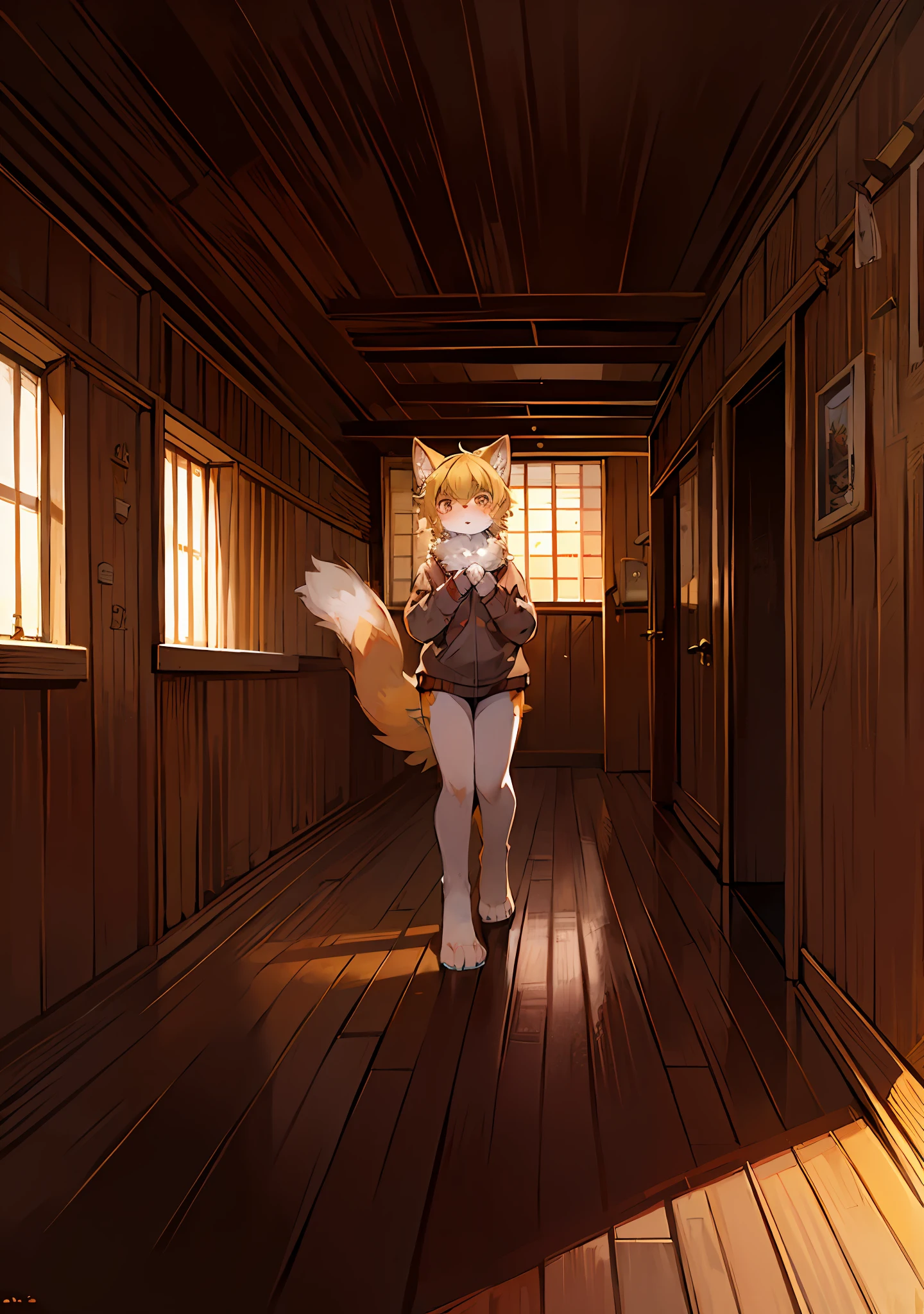 (Bright environment:0.8),Masterpiece,High quality,abstract res,Digital painting\(artwork of a\), by Dagasi, Yupa,Kiyosan,(anthro,Fluffy fur,Character focus:1.1),anthro male cat,Short hair,Portrait , eyes with brightness, in a panoramic view, Character focus.(detailedbackground:0.7), 独奏, shaggy, Furry female, female focus, anthr,(Full Body Furry, Fluffy tail, White fur, with brown eye, Yellow hair:1.2), (long canines、catss),(interiors、In the daytime、wooden cabin、sofe:1.1)