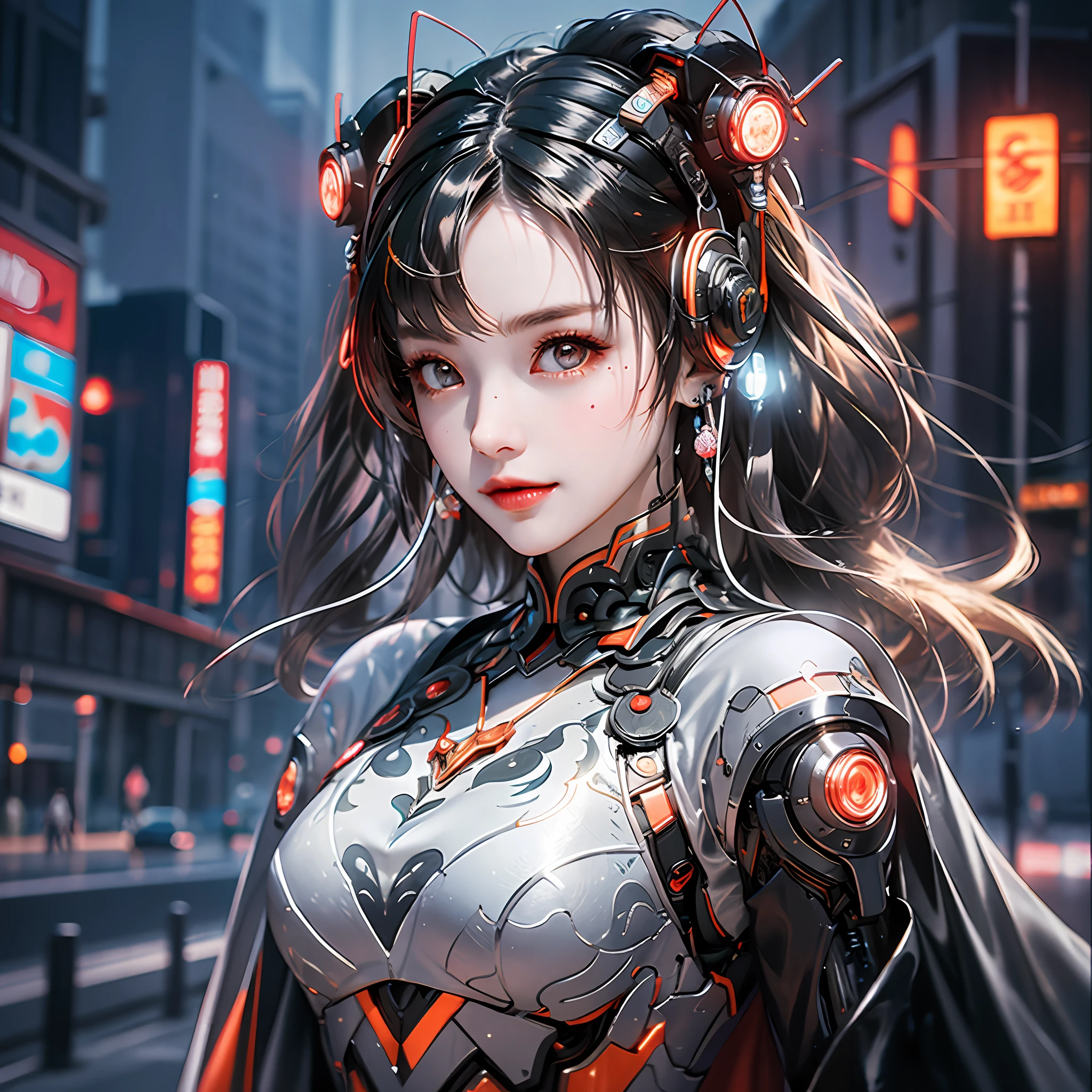 1 girl, Chinese_clothes, metallic black titanium and crimson, cyberhan, cheongsam, cyberpunk city, dynamic pose, detailed luminescent headphones, luminous hair accessories, long hair, luminous earrings, glowing necklace, cyberpunk, high-tech city, full of mechanical and futuristic elements, futurism, technology, glowing neon, red, red light, sexy skirt, transparent black cape, laser light, digital background city sky, big moon, with vehicles, best quality, masterpiece, 8K, Character edge light, super high detail, high quality, the most beautiful woman in human beings, smile, face facing front and left and right symmetry, ear decoration, long antenna glow, beautiful pupils, light effects, visualization data, silver-red-orange hair dye, ultra-detailed facial texture, happy, weapon system, crowded street passers-by, mecha style, goggles, head-mounted luminous antenna