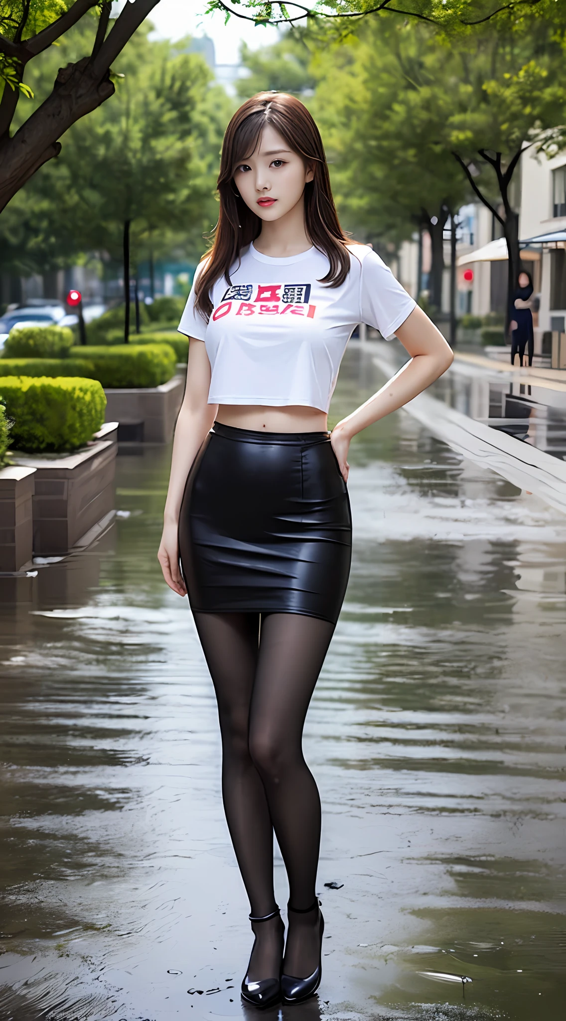 1girll,(Cloudy and rainy), (Wet clothes), (Wet clothes: 1.8), (best qualityer, tmasterpiece， 超高分辨率),(long leges:1.3), (Closed mouth), ((Big breasts hold the clothes high)),(Long hair:1.2), (Full body photo:1.2), (Crop top T-shirt:1.3), (Black pencil skirt:1.2), (Black pantyhose:1.2), (arms at sides:1.3), exteriors, (tree:1.2), (mont:1.2),Busty, Dynamic pose, vivacious and seductive,(Girls standing:1.2), (Slender), (Slender legs), Shiny skin, (facingviewer),