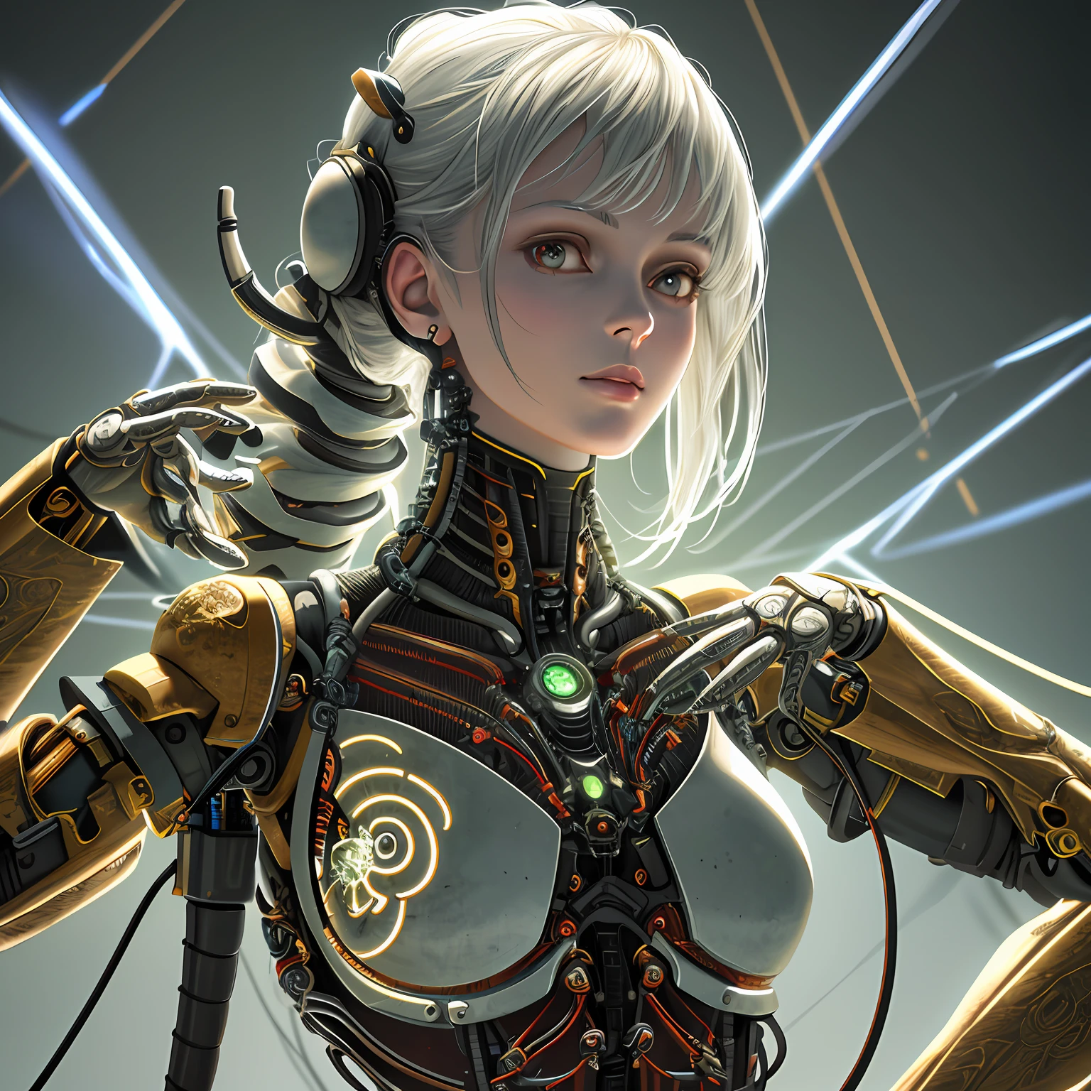 1mechanical girl,((ultra realistic details)), portrait, global illumination, shadows, octane render, 8k, ultra sharp,metal,intricate, ornaments detailed, cold colors, egypician detail, highly intricate details, realistic light, trending on cgsociety, glowing eyes, facing camera, neon details, machanical limbs,blood vessels connected to tubes,mechanical vertebra attaching to back,mechanical cervial attaching to neck,sitting,wires and cables connecting to head