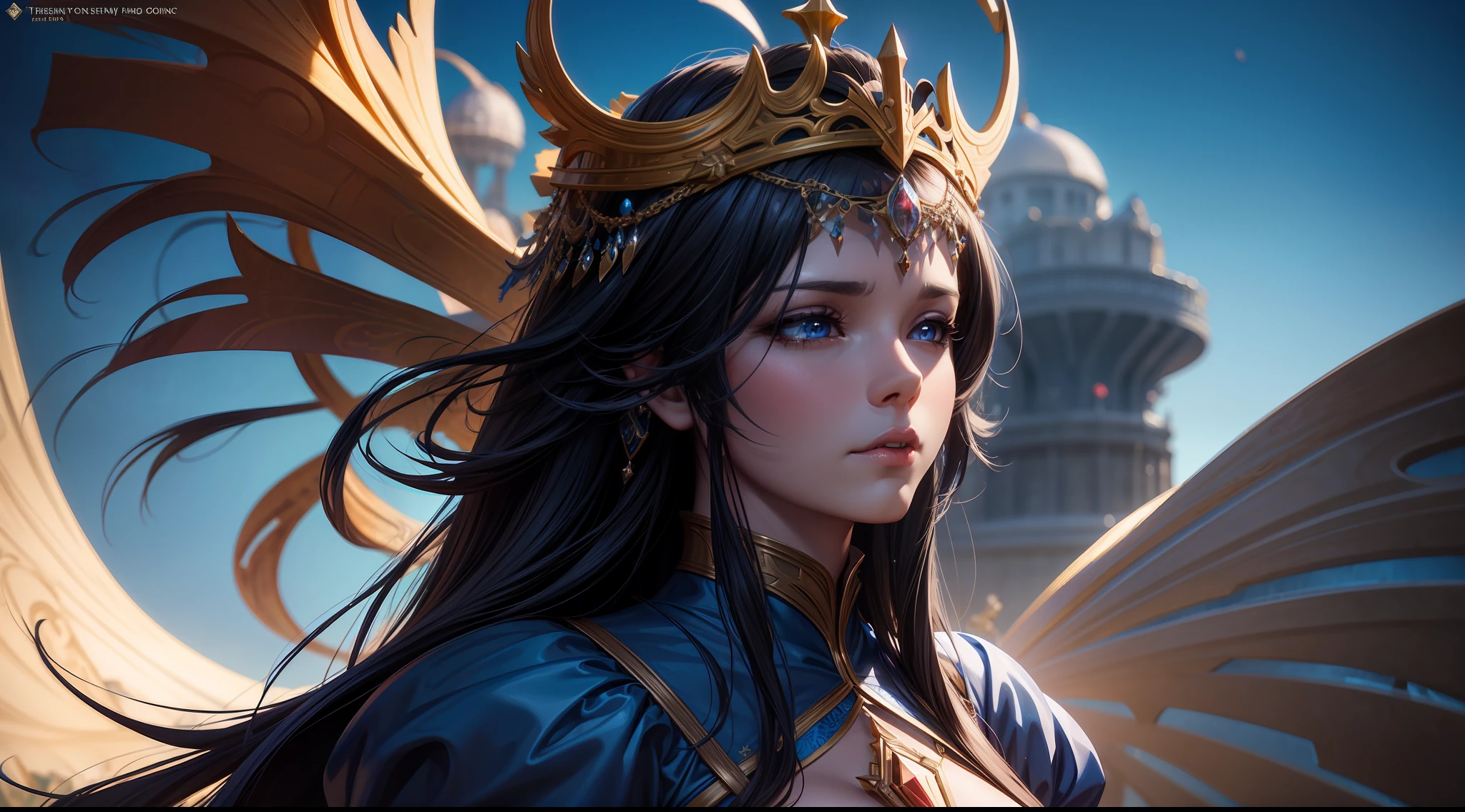 There was a woman wearing a corset and a blue dress, a character portrait by Yang J, Artstation contest winner, Fantasy art, 3 D CGI anime fantasy artwork, a beautiful fantasy empress, 8K high quality detailed art, Epic fantasy art style HD, Fantasy art style, detailed fantasy digital art, detailed fantasy art, ((a beautiful fantasy empress))