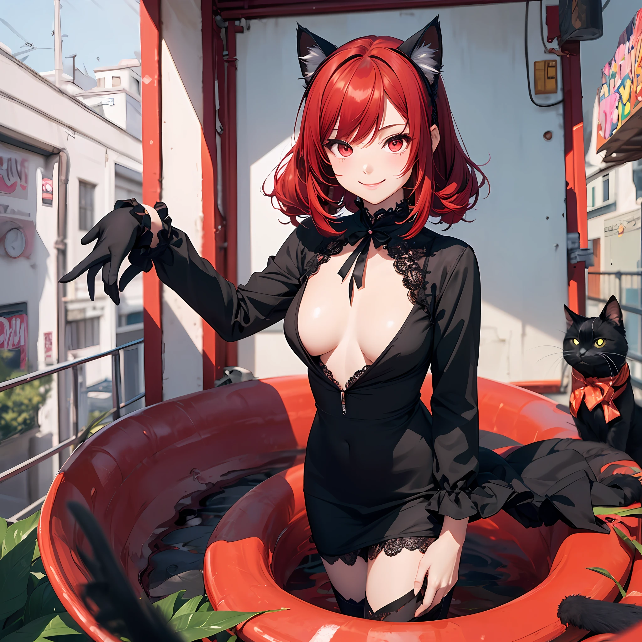 Anime filling,Two-dimensional illustration,Red-haired,Half Twin Tail,shorth hair,Big eyes,a smile,a beauty girl,cute little,Super Cute,Black cat ears,Red Eyes,Ruffled Clothes,Black lace clothes,Inner colorGreen,One girl,Full body painting,s girl --auto
