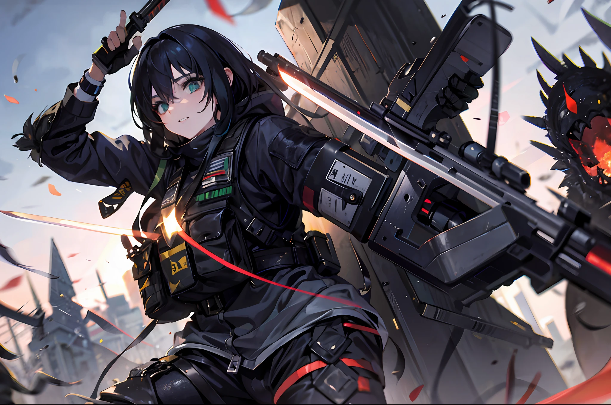 {{​masterpiece、top-quality、Dynamic high-definition CG、8k wallpaper、Cinematographic lighting、lensflare}}、Girl Shooting Rifle、Wide View、Lively composition、thick body、long Brond Hair、green colored eyes、(Holding weapons、holding rifle、aim:1.4)、guns、h&K HK416、carbine、open fire、opening fire、(One girl soldier aiming a huge rifle)、24 year old、Teeth are protruding、Special Forces、Knee shooting、Indigo Color Combat Suit、SLR、(EF24-70mm F2.8L II USM)、Cowboy Shot、((Swarm of undead monsters))、Point the muzzle at the enemy