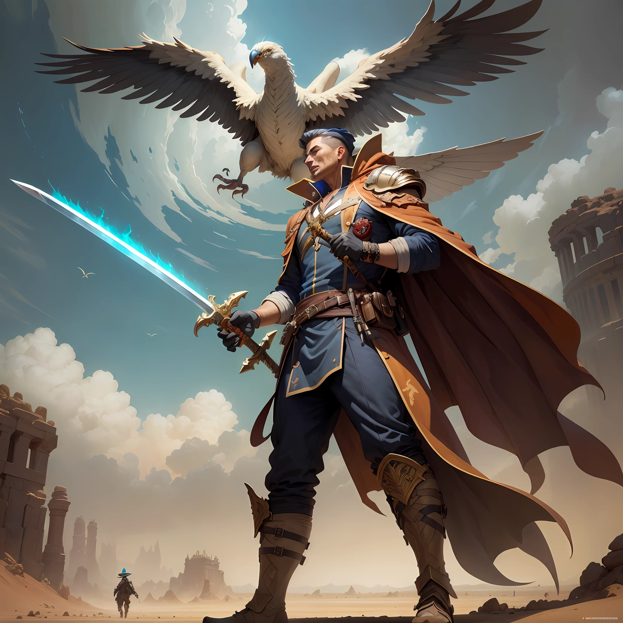There was a man in the desert with a sword, Slash towards the giant bird,desert fighter ancient mage, stormlight archive, peter mohrbacher donato giancola, mohrbacher, author:Johannes Helgesen, artgerm craig mullins, graphic artist peter mohrbacher, Peter Mohrbacher. illusory engine, artgerm and craig mullins