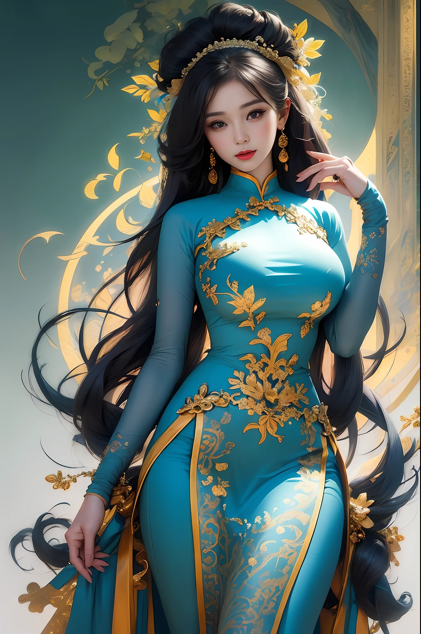 A beautiful girl, 22 years old, sexy theme, perfect face shape, oversize model, mature woman, tall long legs, (((super huge breasts))), (((glazed pupils))), long messy hair, happy,  hand details, finger details, beautiful anime Huaifu style girl, super detailed painting, luminescism, art concept art by Kahn Griffith and Vadim Kashin,  abstract beauty, standing, close to perfection, pure form, golden ratio, concept art, by Brian Froud, Carne Griffiths, Wadim Kashin and John William Waterhouse, intricate detail, 16k post-production, high resolution, hyperdetail, Artstation trend, sharp focus, studio photos, intricate detail, high detail,She wears the traditional Vietnamese dress ao dai , ao dai Vietnamese,She has big breasts, saggy breasts,She has beautiful big round eyes ,Double eyelid