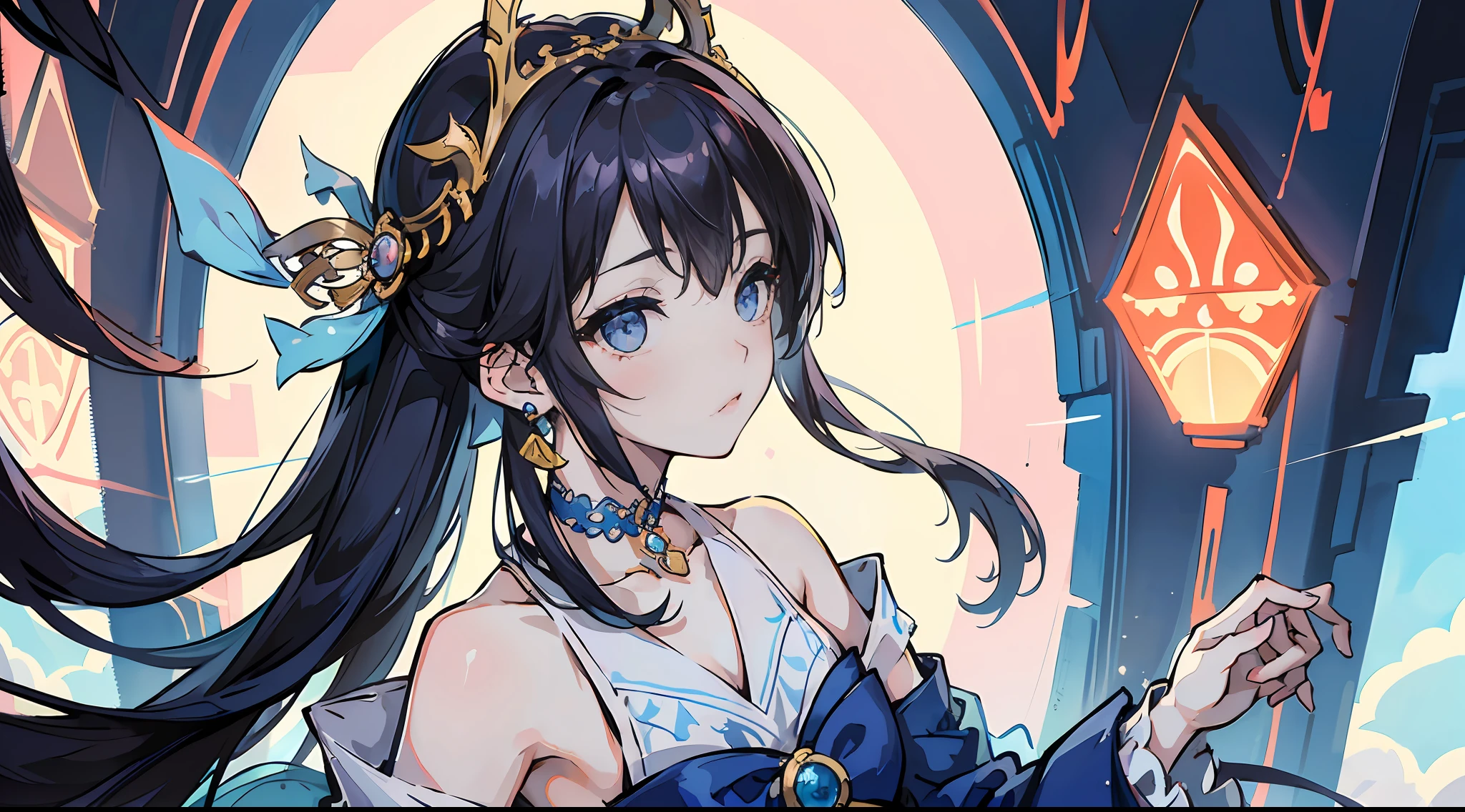 best qualityer,tmasterpiece,A high resolution,(((Yunyun))),choker necklace,hair adornments,(beauitful face),looking at viewert,((A half body)),Blue open dress --auto