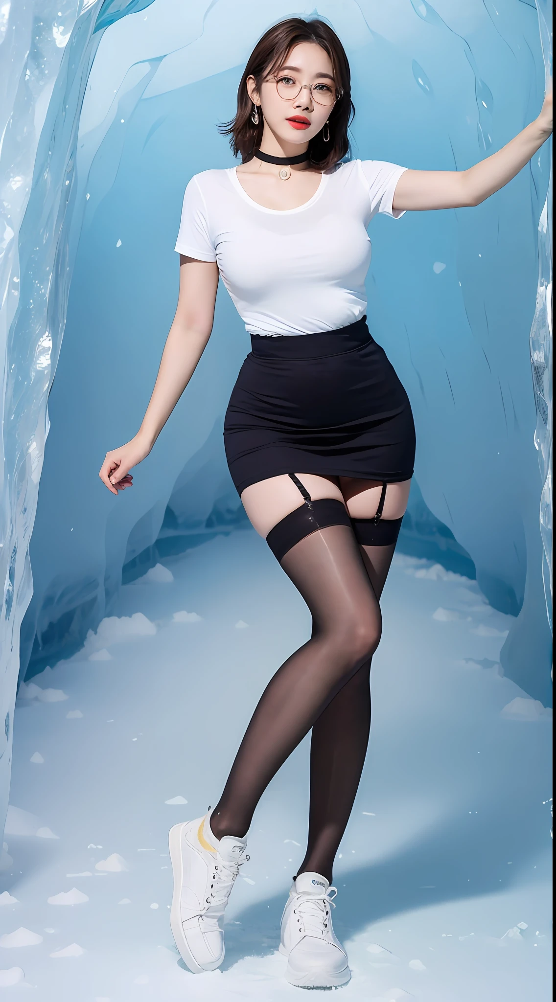 ((midnight, Need, 8K, tmasterpiece:1.3)), A whole body, Full body like,thin very long legs, Focalors:1.2, Plump body,standing on your feet,full bodyesbian,perfect figure beautiful woman:1.4,((Dark brown hair, huge tit:1.2 )), (Low-cut white T-shirt, Deep VT shirt,Silk stockings,short skirt,Deep grooves,White sneakers), ((ice cave, Ice World,Oyuki)),lots of people,Highly detailed and skin texture, A detailed eye, 二重まぶた,wears glasses,crisp breasts,Smile with,Bigger breasts, bob hair,crisp breasts,Get wet,Sweat profusely,Red lips,Hot dance,Large bust,huge tit,wearing a choker,Wear earrings,Noble beauty,