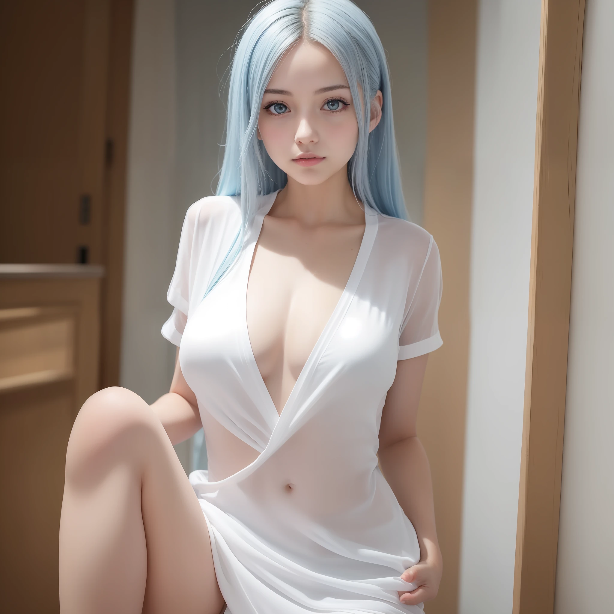 clothes reflecting light, (light diffraction on skin: 1.35), (Glossy glossy skin: 1.55), (iridescent effect: 1.55),Anime, a woman with white hair and blue eyes smiling seductively is standing in a room, , Process art, seductive anime girls, loli in dress, visual anime of a cute girl, girl with perfect white hair, anime moe art style, Fine details. Girl Front, from girls frontline, A Hyperrealistic Schoolgir, Anime Girl Wearing White Shirt with Blue Hair, Breasts, 1girll, décolleté, shirt, Long hair, Blue eyes, Drowning, Solo, White shirt, Big breasts, Wet, Wet clothes, Blush, Short sleeves, bangs,(Masterpiece, Best quality, Ultra-detailed: 1.6), illustration, (Solo, 1 girl, Beautiful detailed eyes: 1.2), City, street,Making a Heart with Fingers, Show the chest --auto